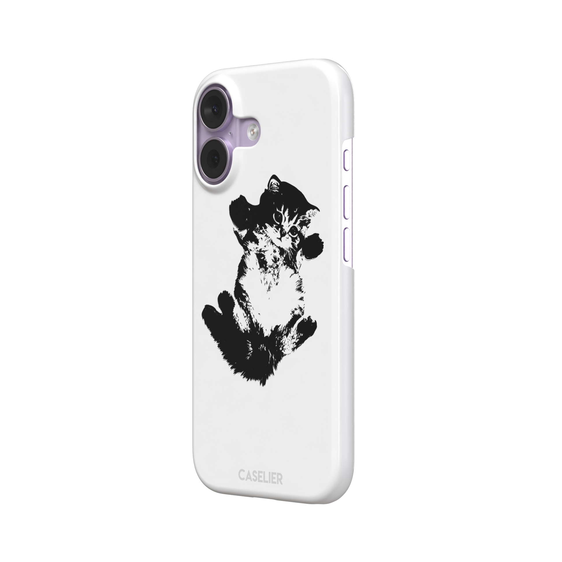 White phone case with a bold black-and-white ink-style illustration of a fluffy kitten lying on its back with paws raised, phone case by Caselier — snap case, right view