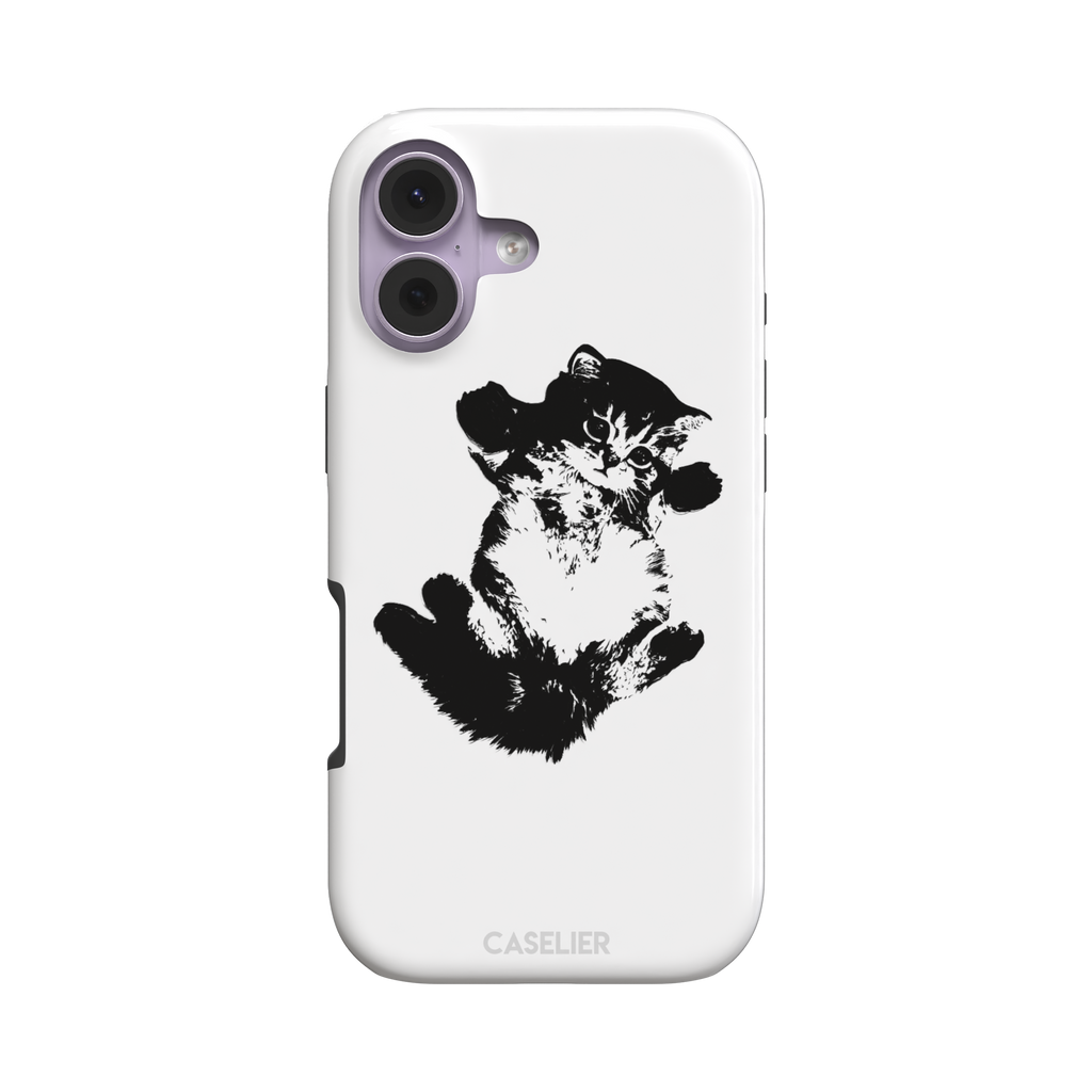 White phone case with a bold black-and-white ink-style illustration of a fluffy kitten lying on its back with paws raised, phone case by Caselier — tough case, front view