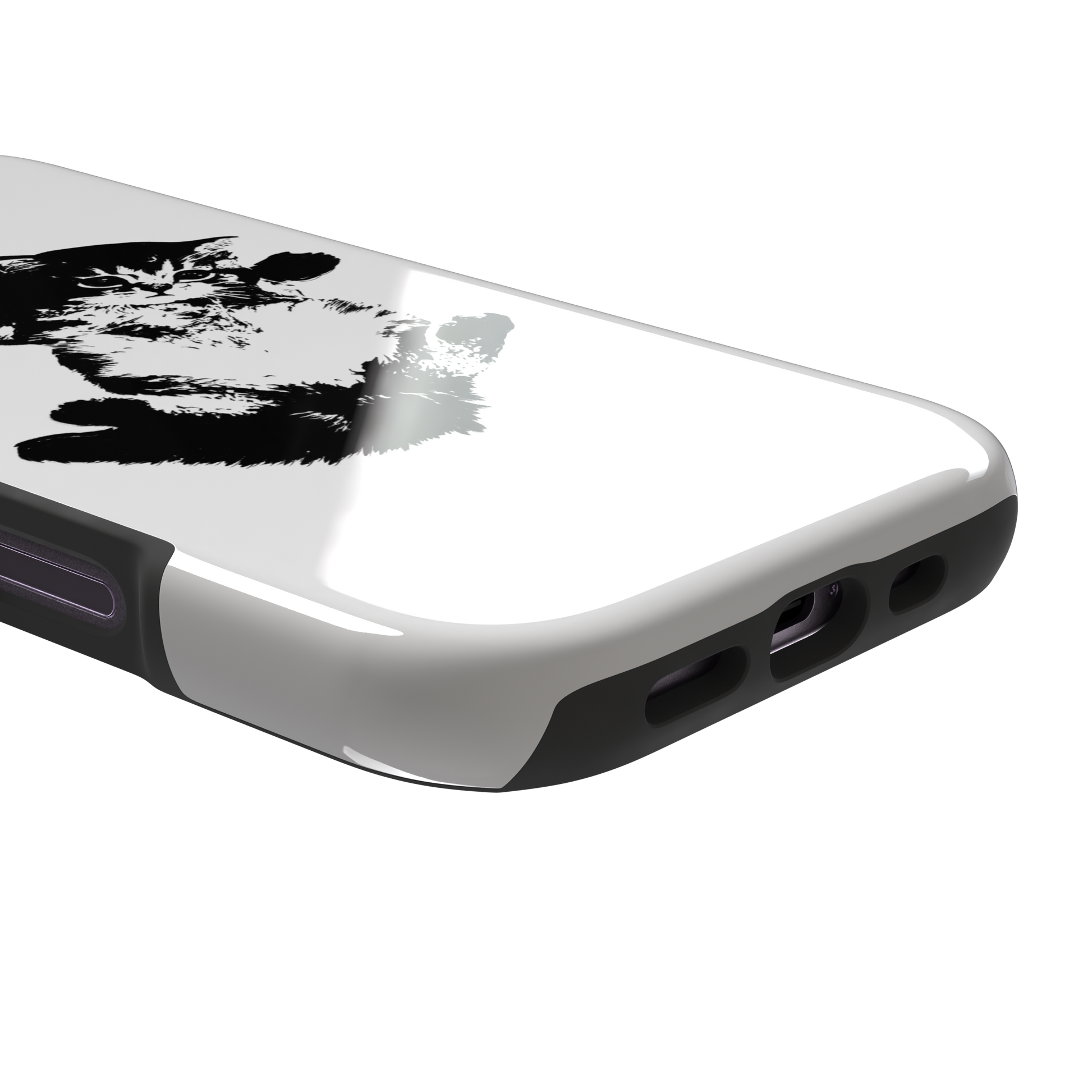 White phone case with a bold black-and-white ink-style illustration of a fluffy kitten lying on its back with paws raised, phone case by Caselier — tough case, charging port detail