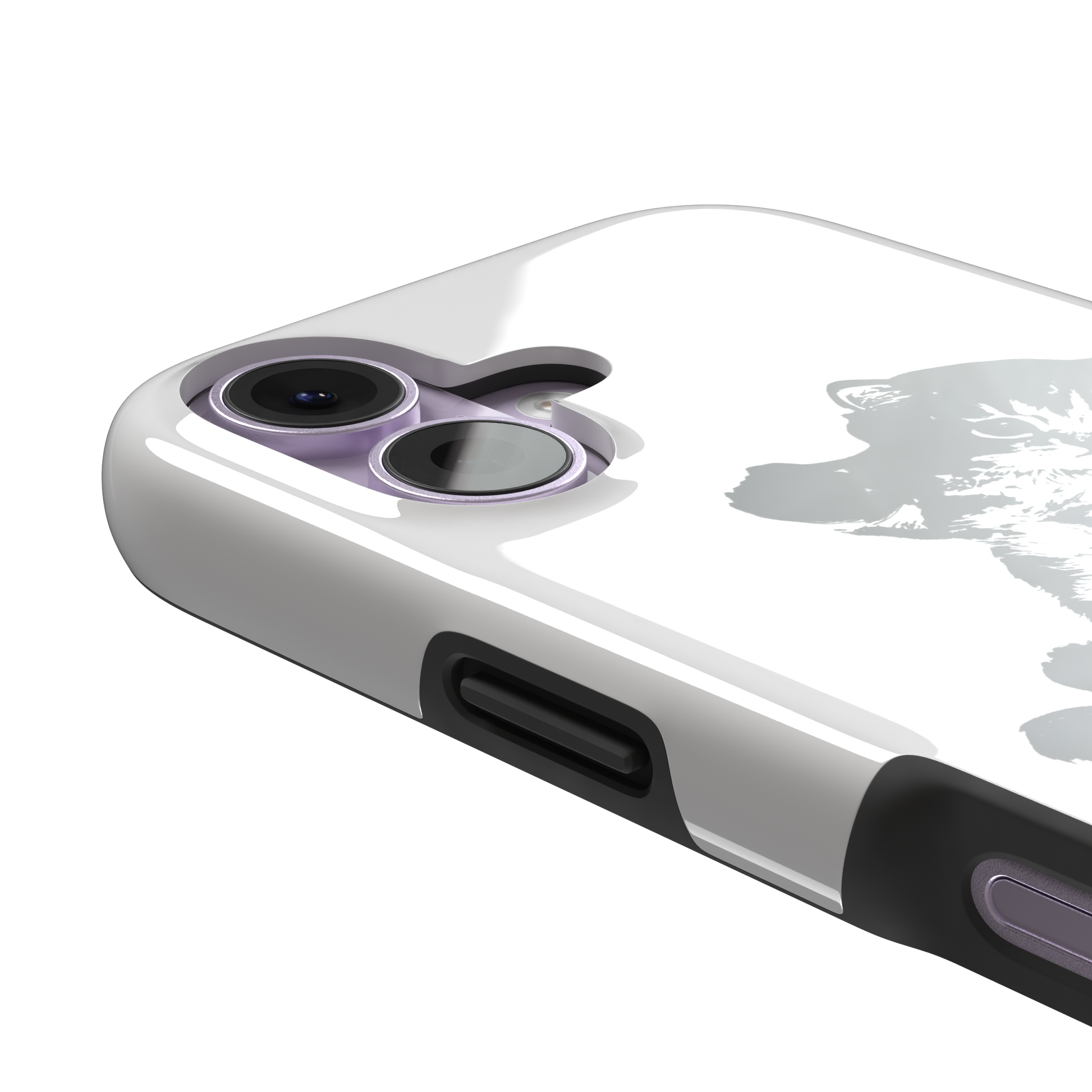 White phone case with a bold black-and-white ink-style illustration of a fluffy kitten lying on its back with paws raised, phone case by Caselier — tough case, volume buttons detail