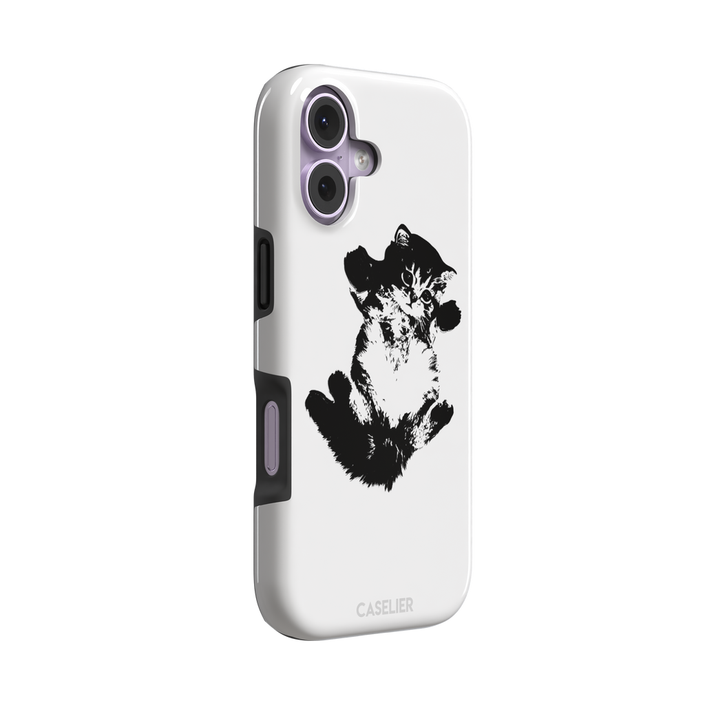 White phone case with a bold black-and-white ink-style illustration of a fluffy kitten lying on its back with paws raised, phone case by Caselier — tough case, left view