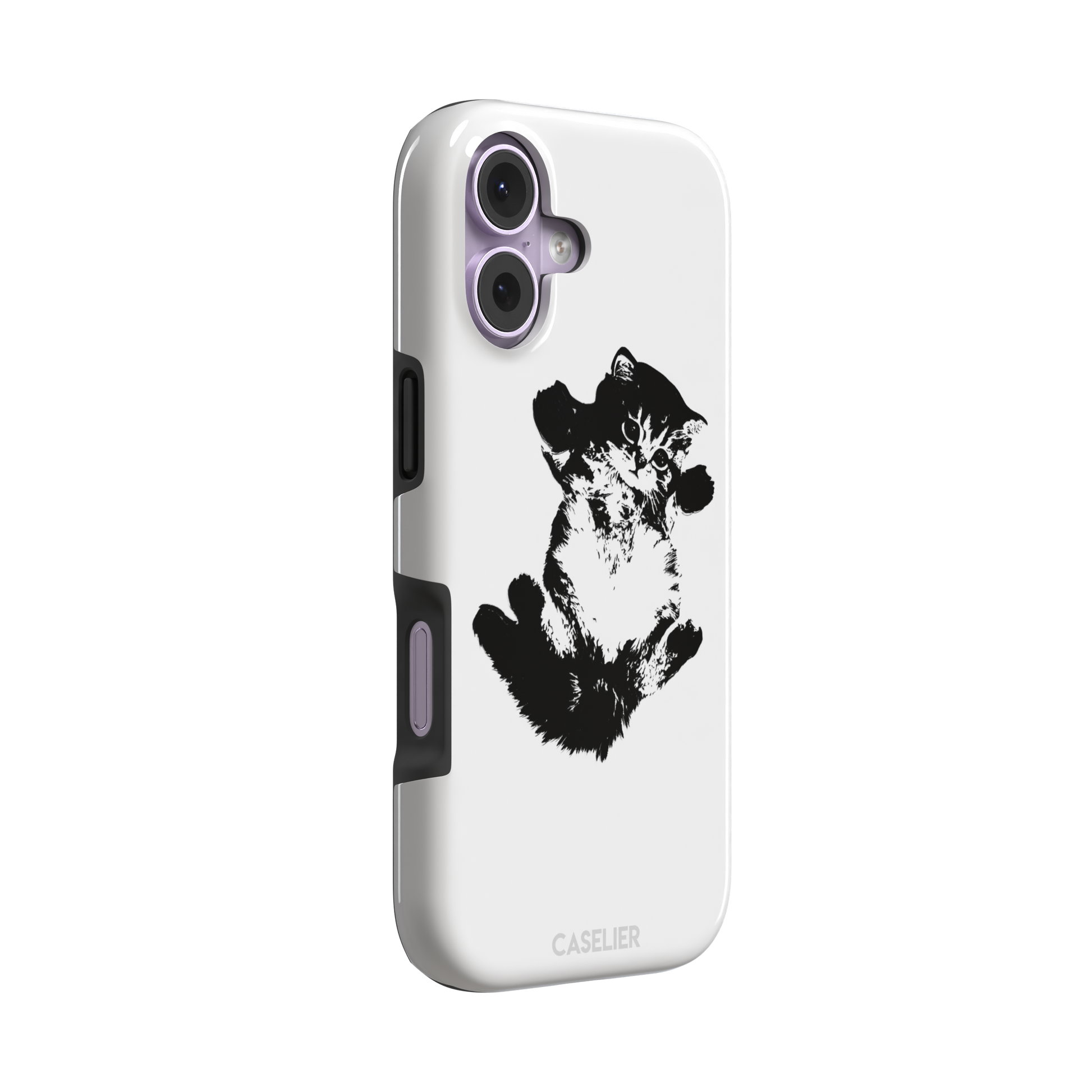 White phone case with a bold black-and-white ink-style illustration of a fluffy kitten lying on its back with paws raised, phone case by Caselier — tough case, left view