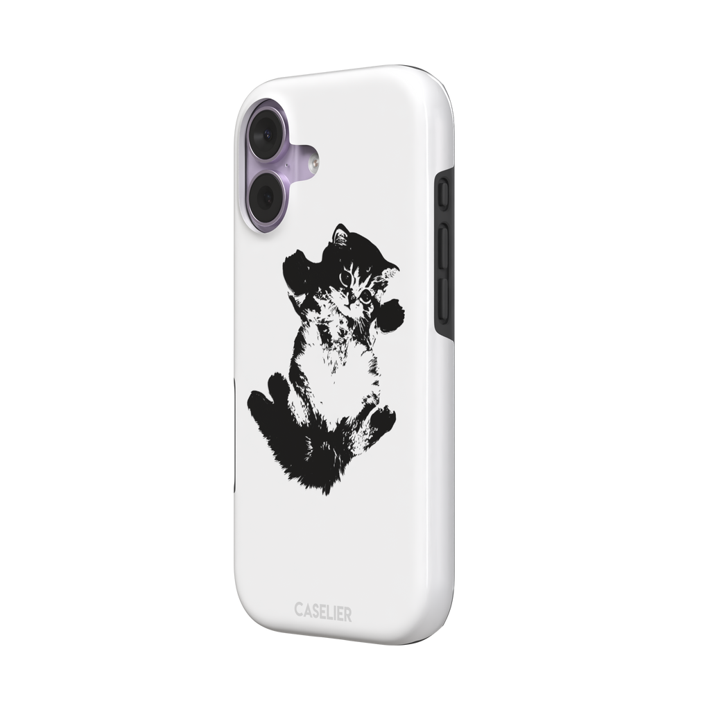 White phone case with a bold black-and-white ink-style illustration of a fluffy kitten lying on its back with paws raised, phone case by Caselier — tough case, right view