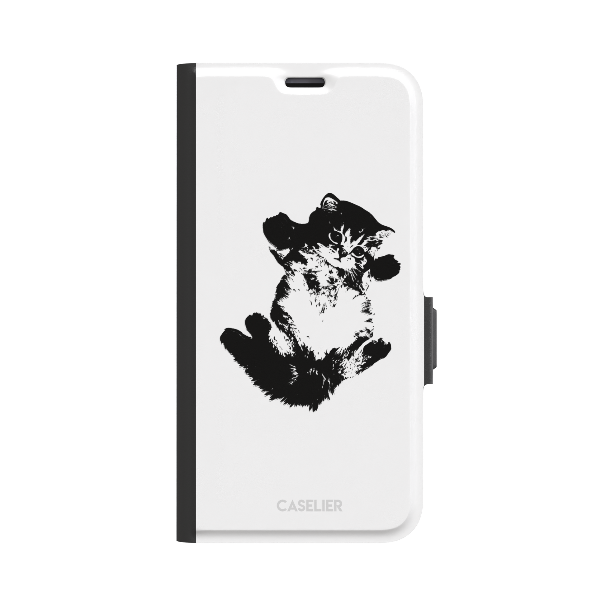 White phone case with a bold black-and-white ink-style illustration of a fluffy kitten lying on its back with paws raised, phone case by Caselier — wallet case, front view