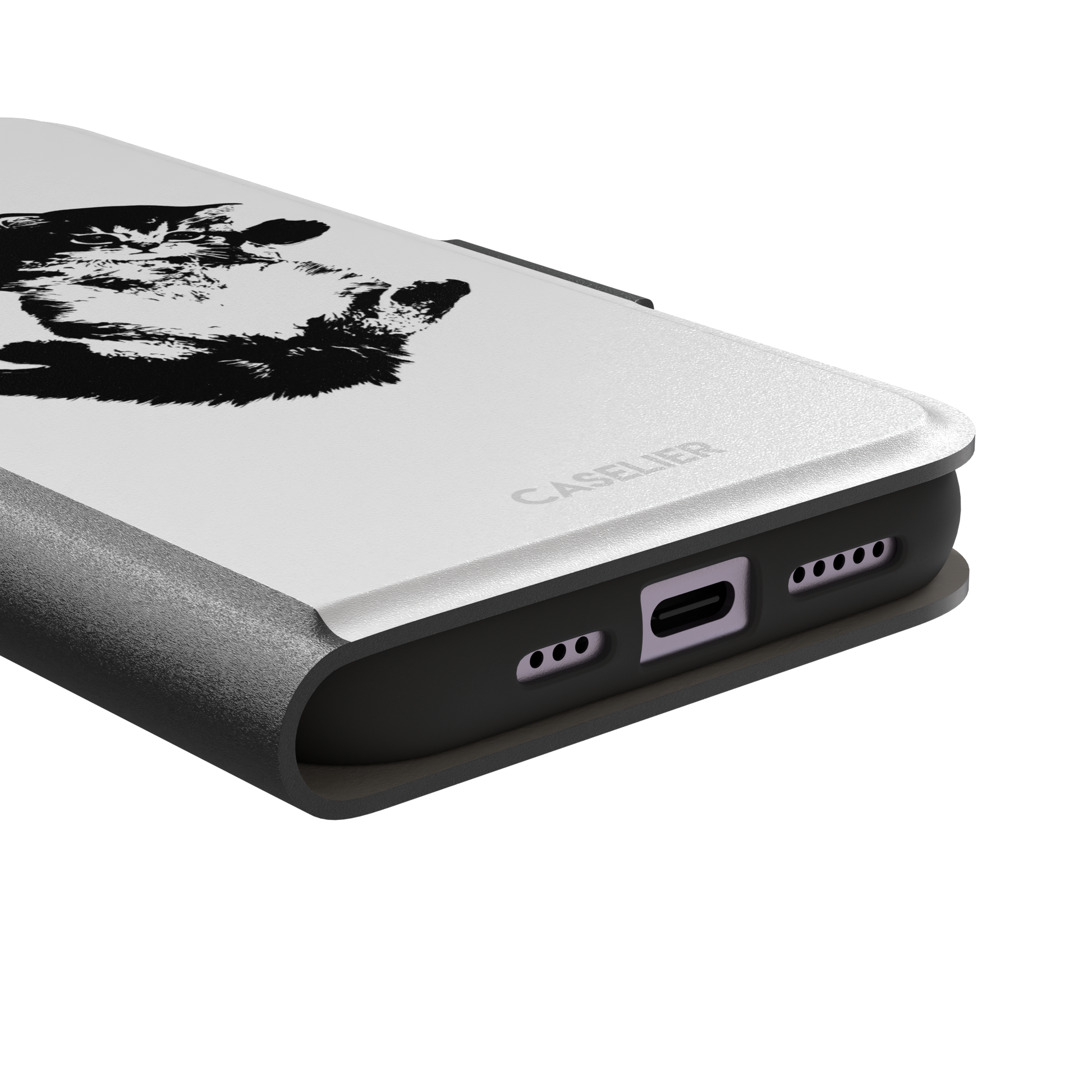 White phone case with a bold black-and-white ink-style illustration of a fluffy kitten lying on its back with paws raised, phone case by Caselier — wallet case, charging port detail