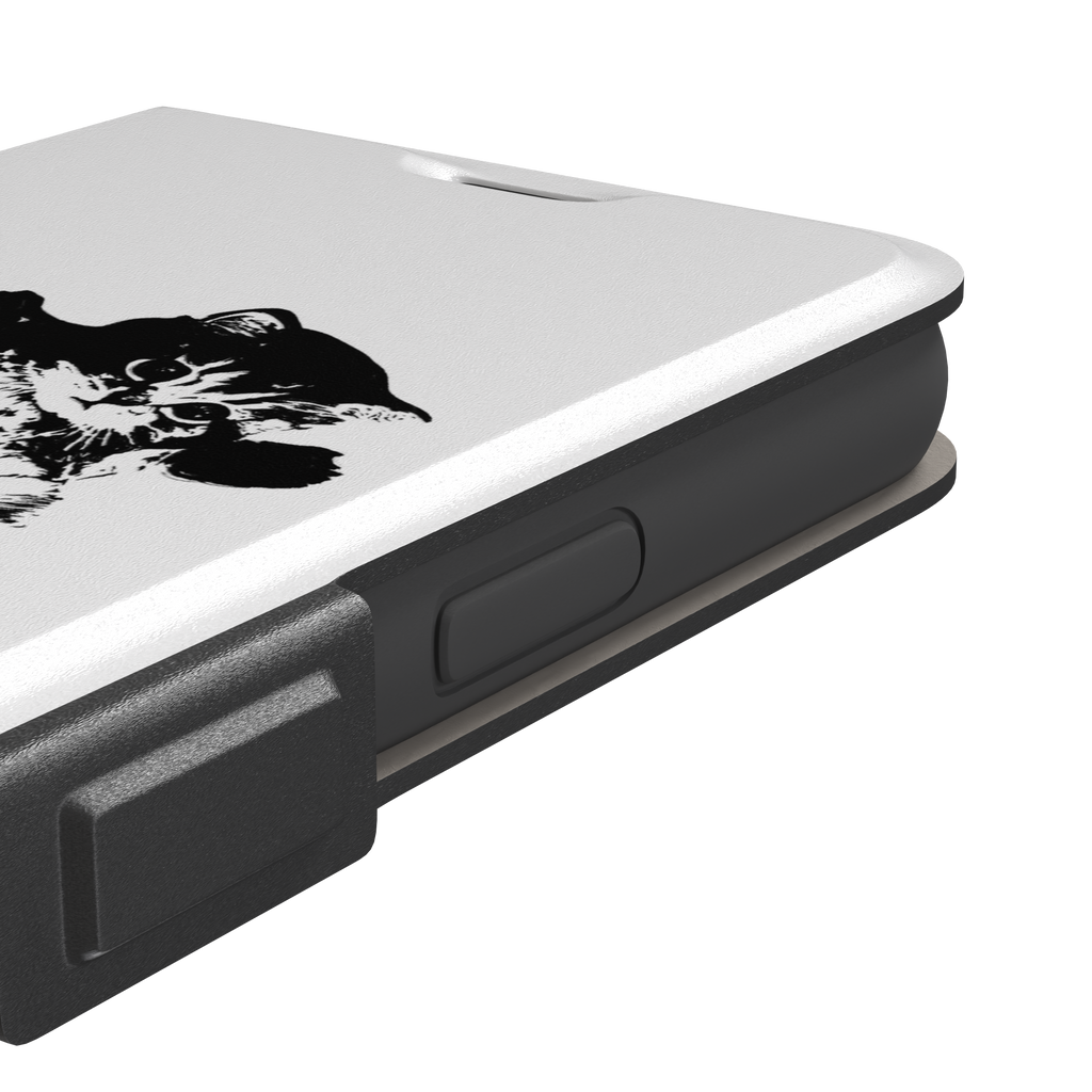 White phone case with a bold black-and-white ink-style illustration of a fluffy kitten lying on its back with paws raised, phone case by Caselier — wallet case, volume buttons detail