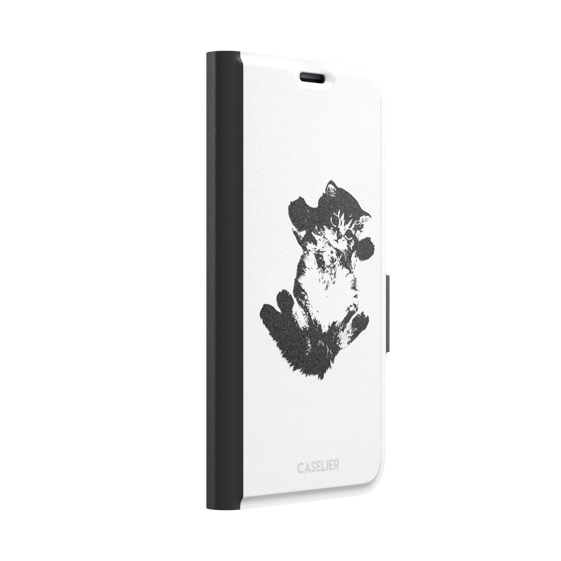 White phone case with a bold black-and-white ink-style illustration of a fluffy kitten lying on its back with paws raised, phone case by Caselier — wallet case, left view