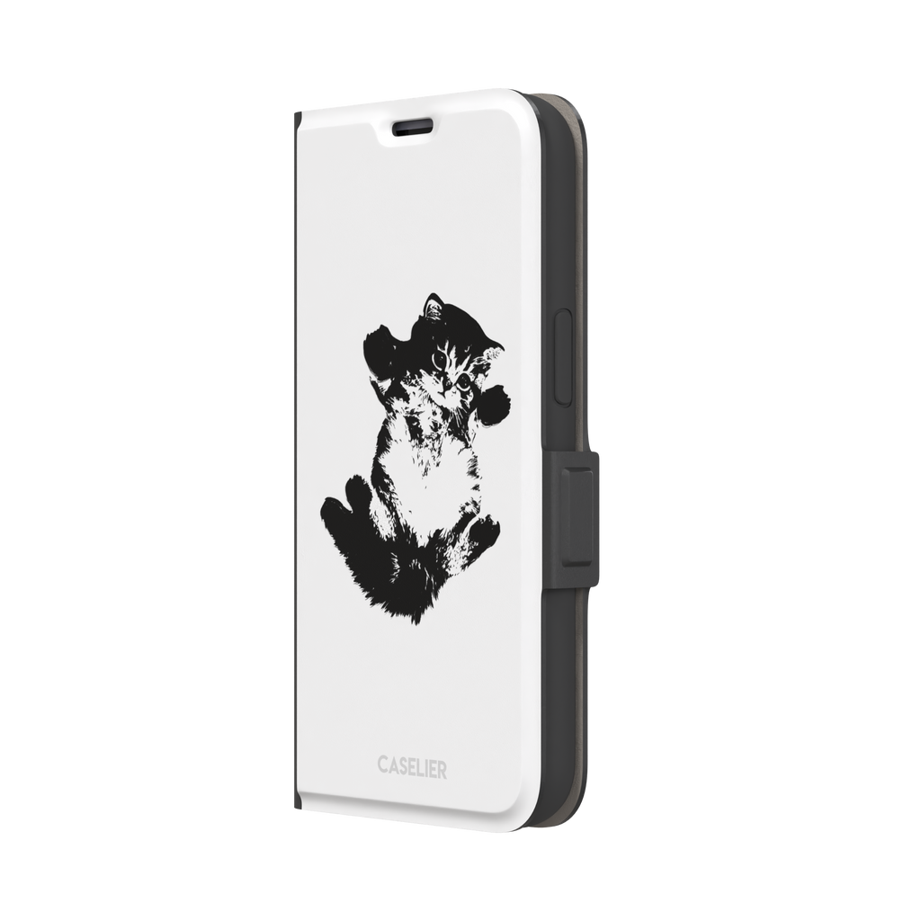 White phone case with a bold black-and-white ink-style illustration of a fluffy kitten lying on its back with paws raised, phone case by Caselier — wallet case, right view