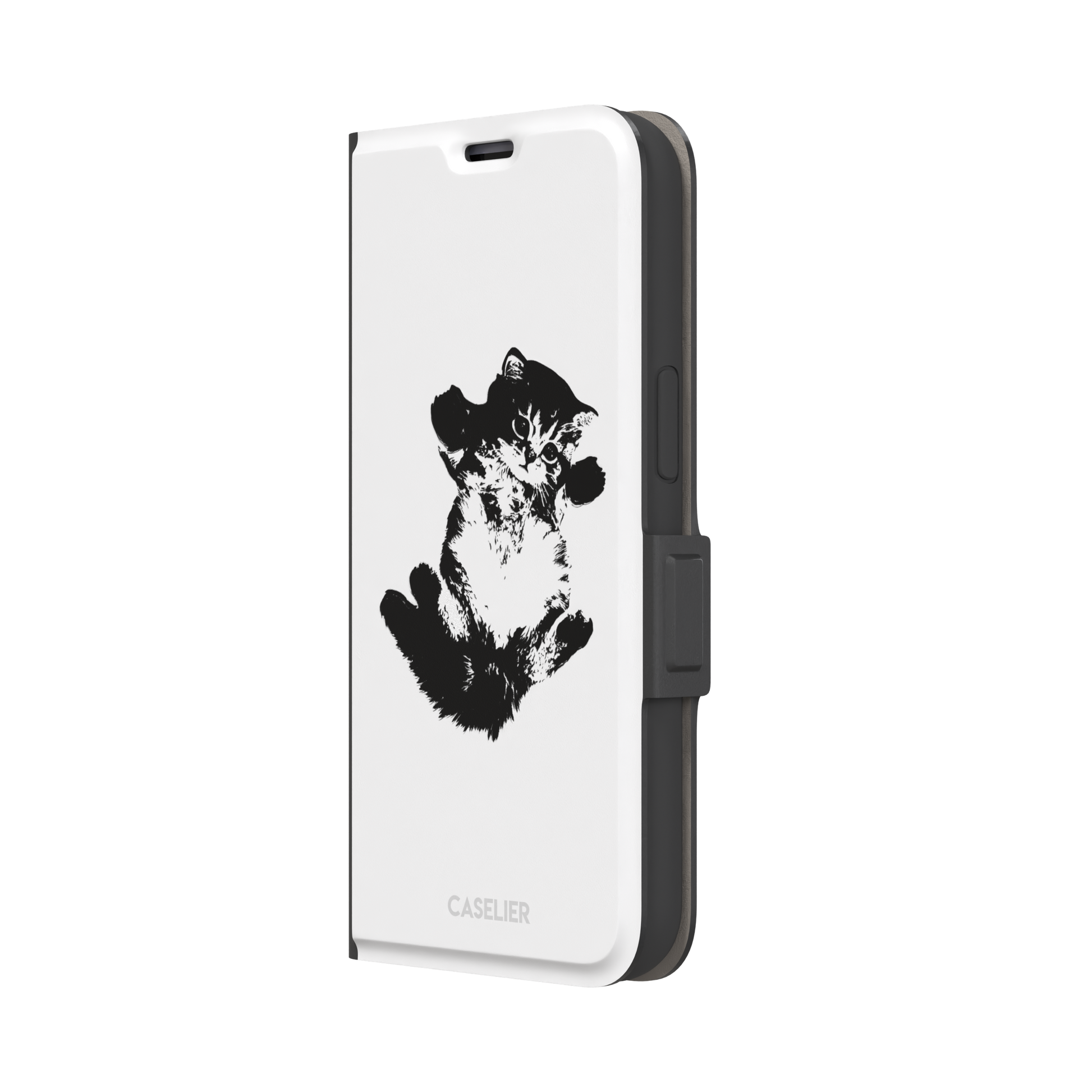 White phone case with a bold black-and-white ink-style illustration of a fluffy kitten lying on its back with paws raised, phone case by Caselier — wallet case, right view