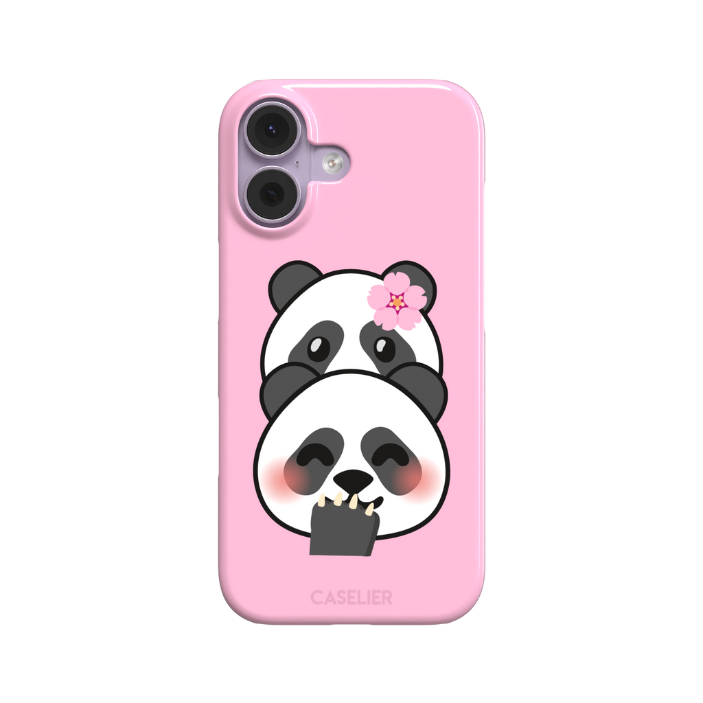 Pink phone case featuring a shy kawaii panda with blushing cheeks, a pink sakura flower, and a paw raised to its mouth, Emoji Mix collection phone case by Caselier — snap case, front view