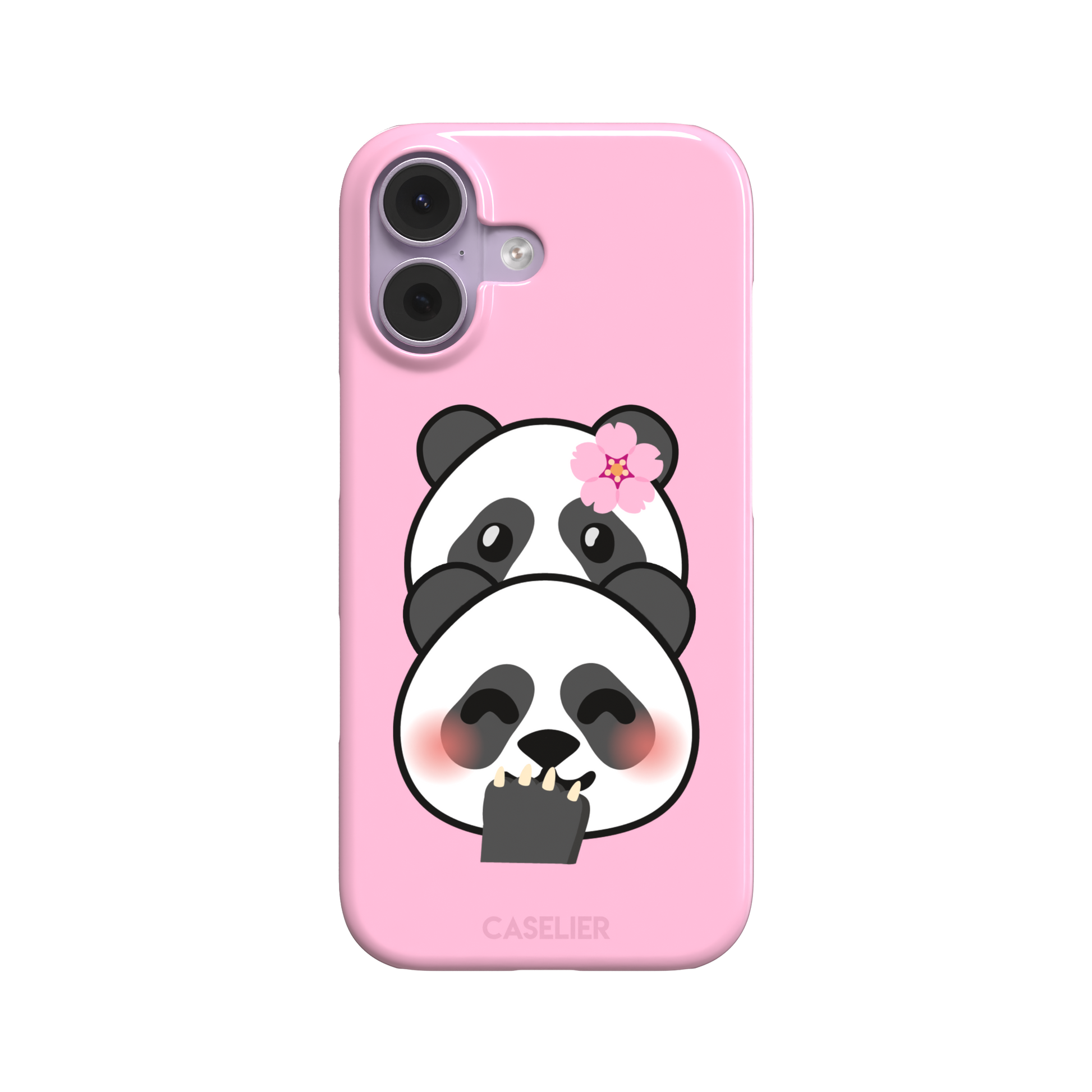 Pink phone case featuring a shy kawaii panda with blushing cheeks, a pink sakura flower, and a paw raised to its mouth, Emoji Mix collection phone case by Caselier — snap case, front view