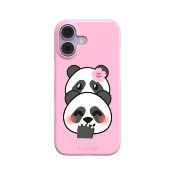 Pink phone case featuring a shy kawaii panda with blushing cheeks, a pink sakura flower, and a paw raised to its mouth, Emoji Mix collection phone case by Caselier — snap case, front view