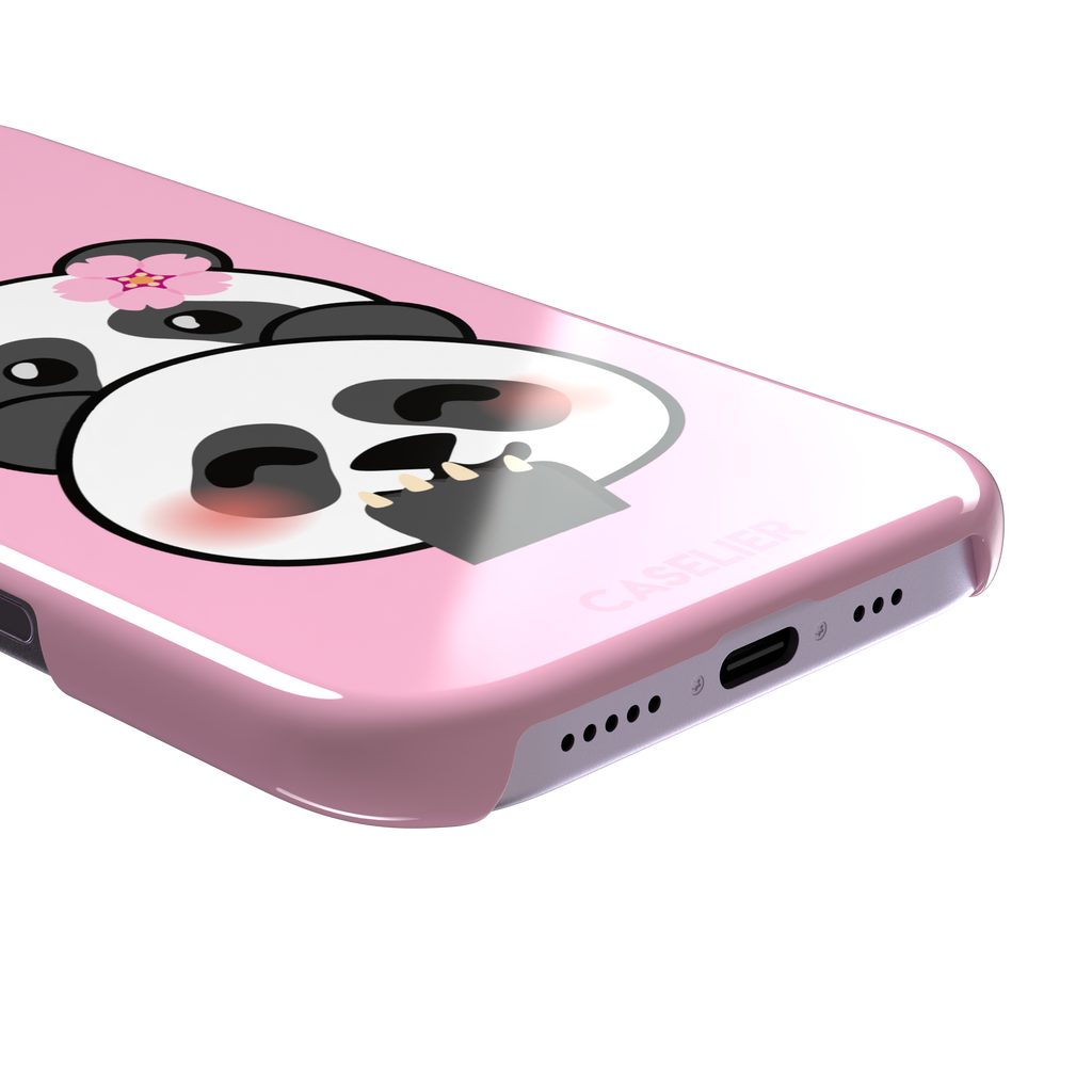 Pink phone case featuring a shy kawaii panda with blushing cheeks, a pink sakura flower, and a paw raised to its mouth, Emoji Mix collection phone case by Caselier — snap case, charging port detail