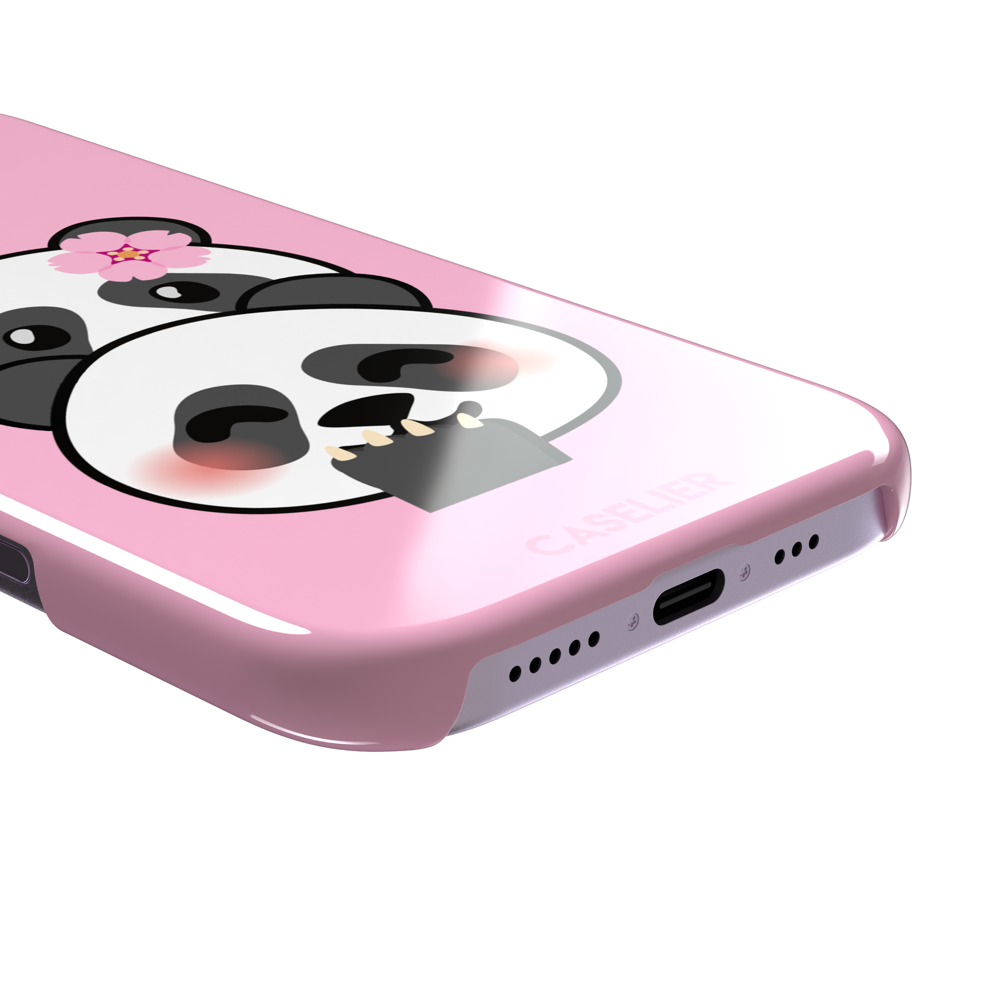 Pink phone case featuring a shy kawaii panda with blushing cheeks, a pink sakura flower, and a paw raised to its mouth, Emoji Mix collection phone case by Caselier — snap case, charging port detail