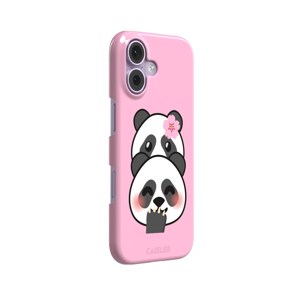 Pink phone case featuring a shy kawaii panda with blushing cheeks, a pink sakura flower, and a paw raised to its mouth, Emoji Mix collection phone case by Caselier — snap case, left view
