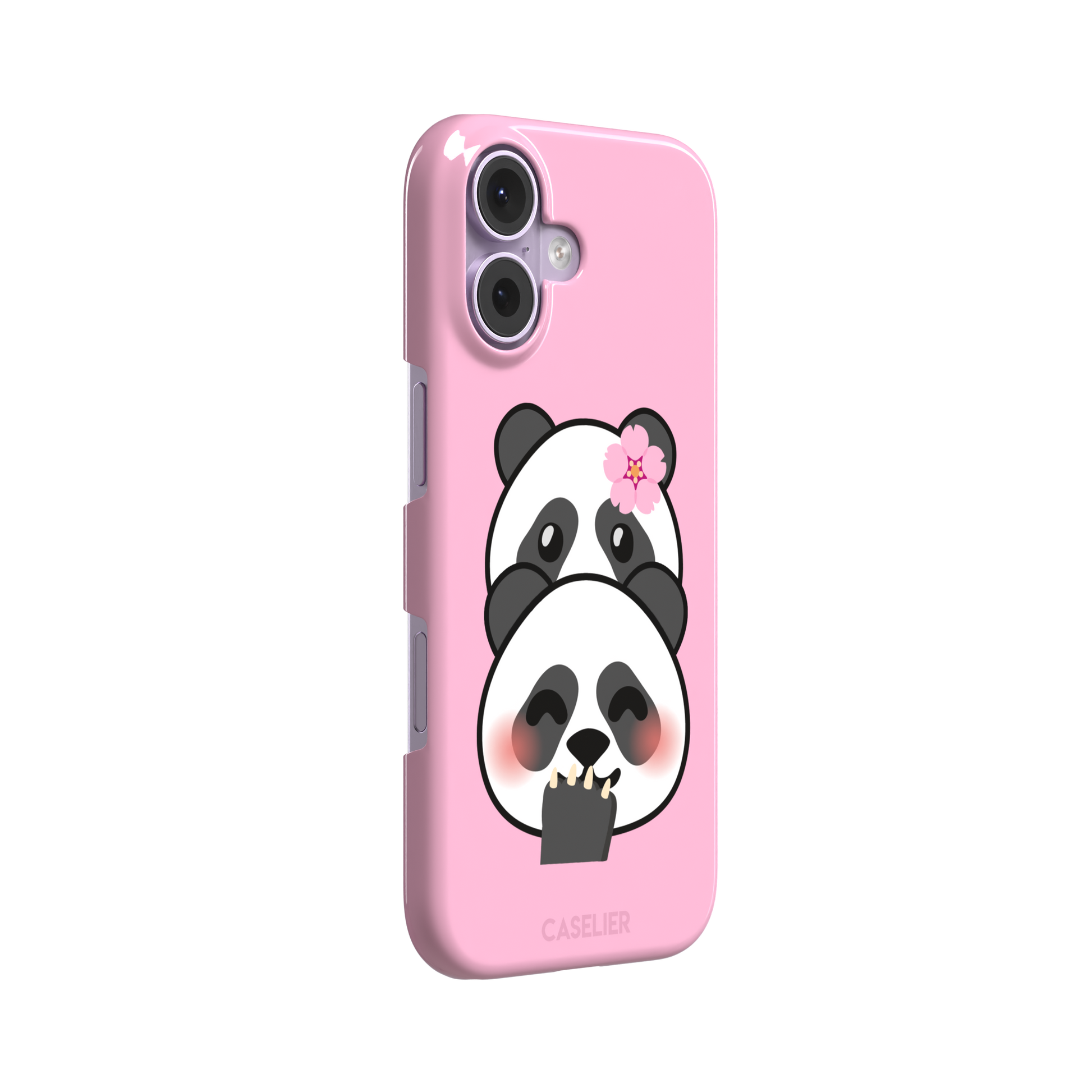 Pink phone case featuring a shy kawaii panda with blushing cheeks, a pink sakura flower, and a paw raised to its mouth, Emoji Mix collection phone case by Caselier — snap case, left view