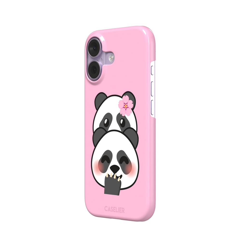 Pink phone case featuring a shy kawaii panda with blushing cheeks, a pink sakura flower, and a paw raised to its mouth, Emoji Mix collection phone case by Caselier — snap case, right view