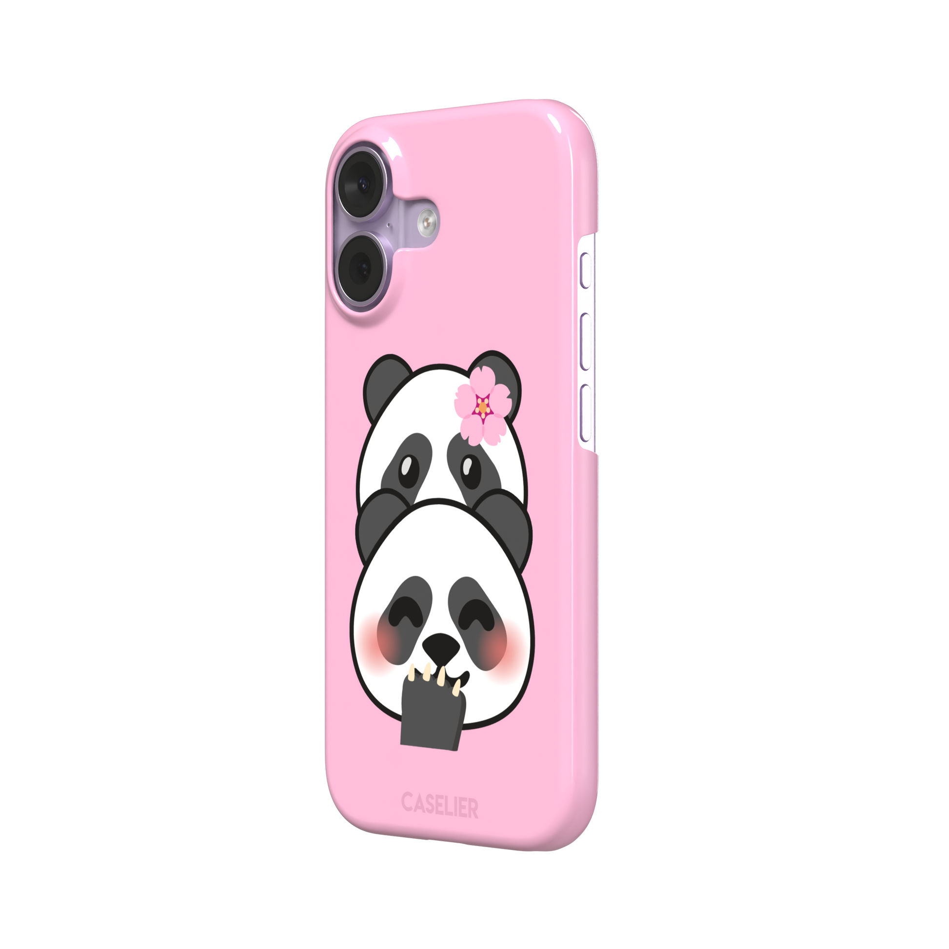 Pink phone case featuring a shy kawaii panda with blushing cheeks, a pink sakura flower, and a paw raised to its mouth, Emoji Mix collection phone case by Caselier — snap case, right view