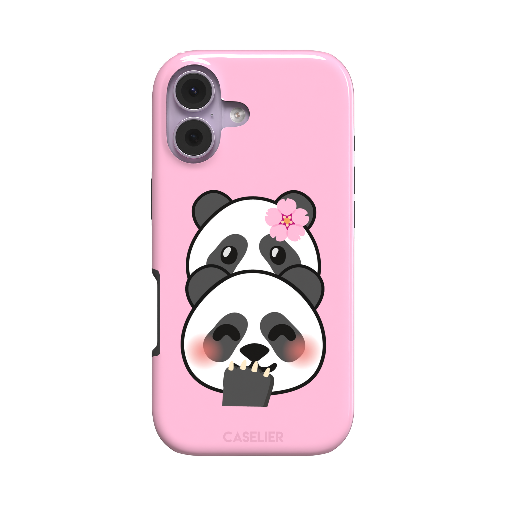 Pink phone case featuring a shy kawaii panda with blushing cheeks, a pink sakura flower, and a paw raised to its mouth, Emoji Mix collection phone case by Caselier — tough case, front view