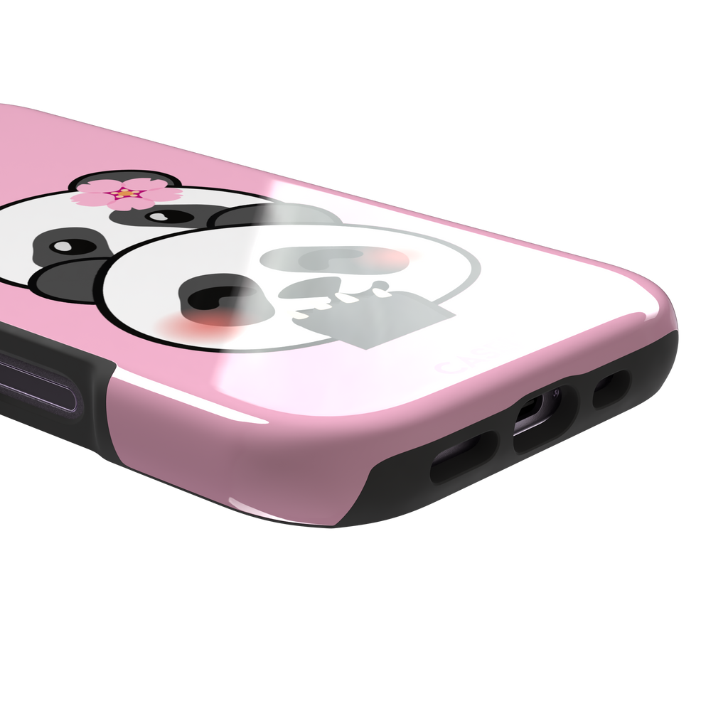 Pink phone case featuring a shy kawaii panda with blushing cheeks, a pink sakura flower, and a paw raised to its mouth, Emoji Mix collection phone case by Caselier — tough case, charging port detail