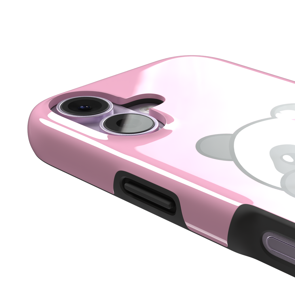 Pink phone case featuring a shy kawaii panda with blushing cheeks, a pink sakura flower, and a paw raised to its mouth, Emoji Mix collection phone case by Caselier — tough case, volume buttons detail