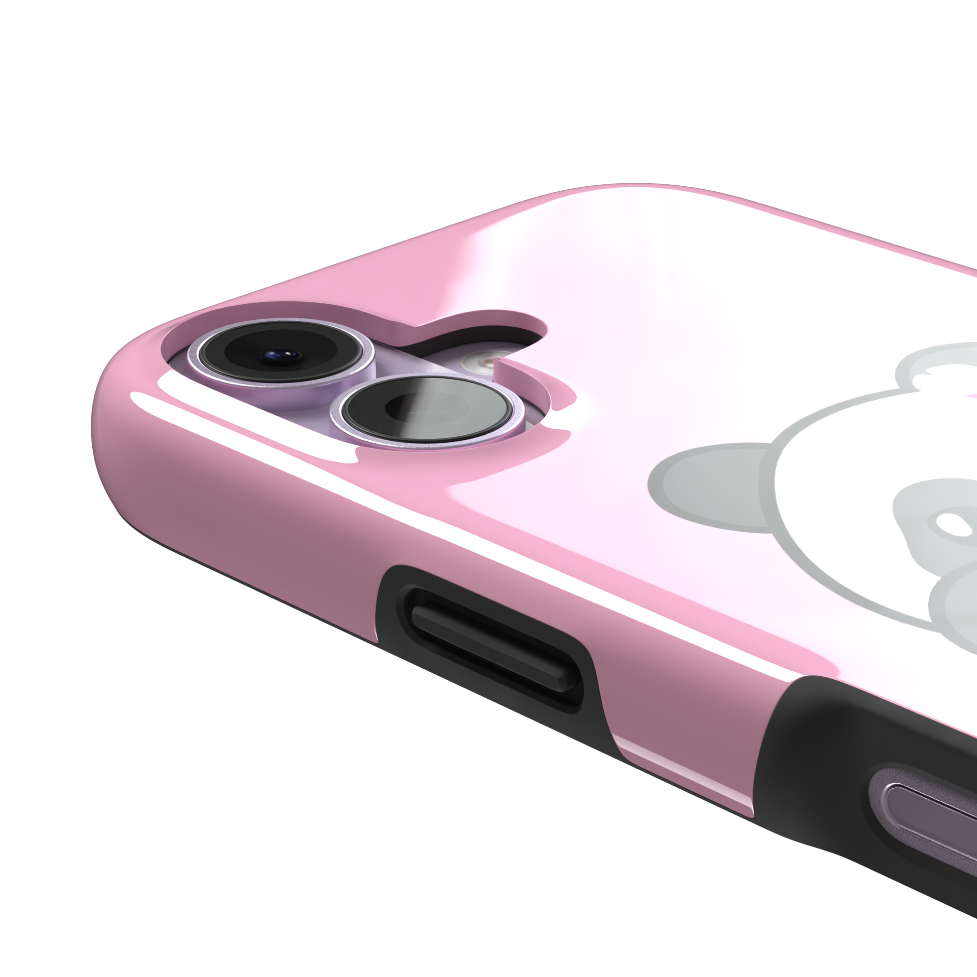 Pink phone case featuring a shy kawaii panda with blushing cheeks, a pink sakura flower, and a paw raised to its mouth, Emoji Mix collection phone case by Caselier — tough case, volume buttons detail
