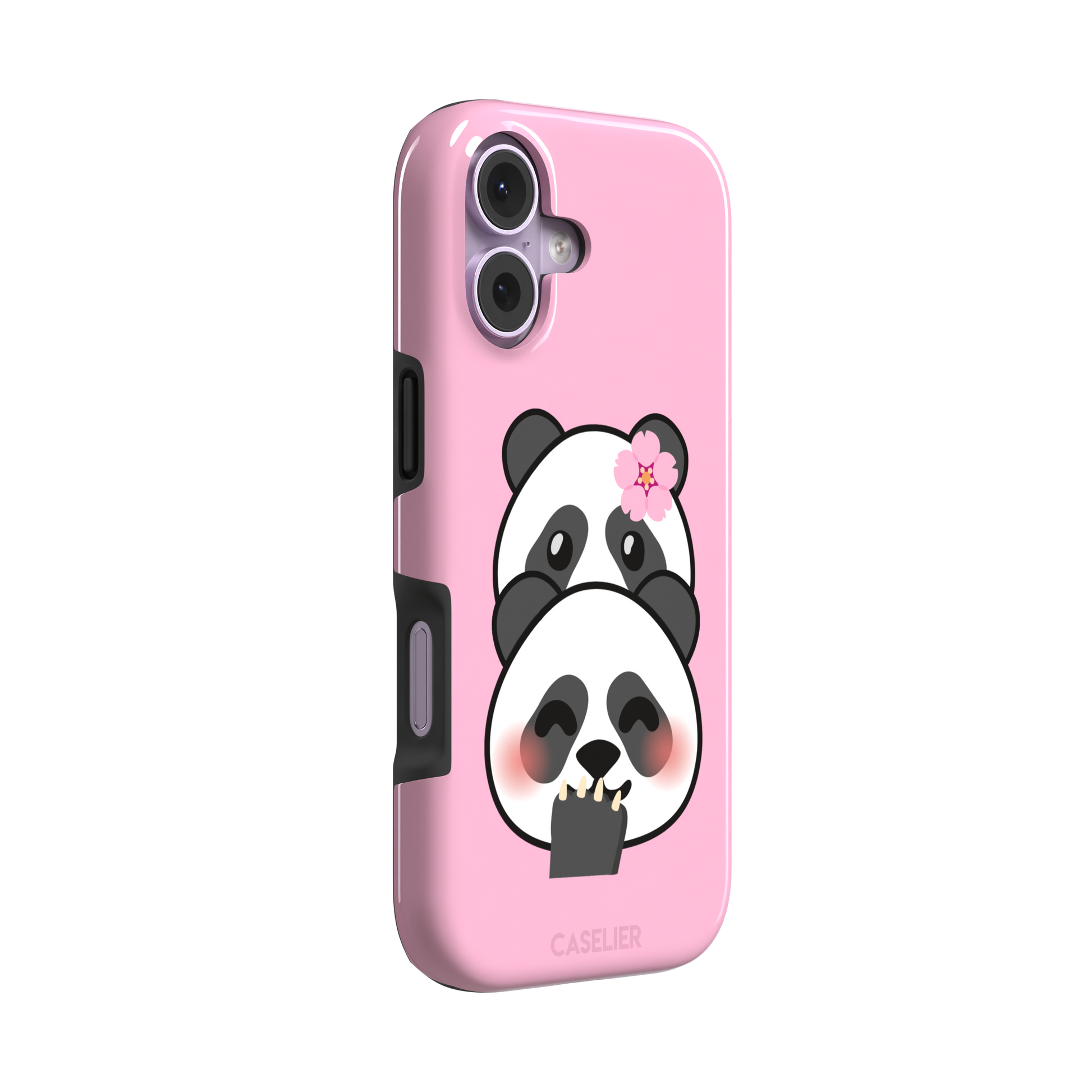 Pink phone case featuring a shy kawaii panda with blushing cheeks, a pink sakura flower, and a paw raised to its mouth, Emoji Mix collection phone case by Caselier — tough case, left view