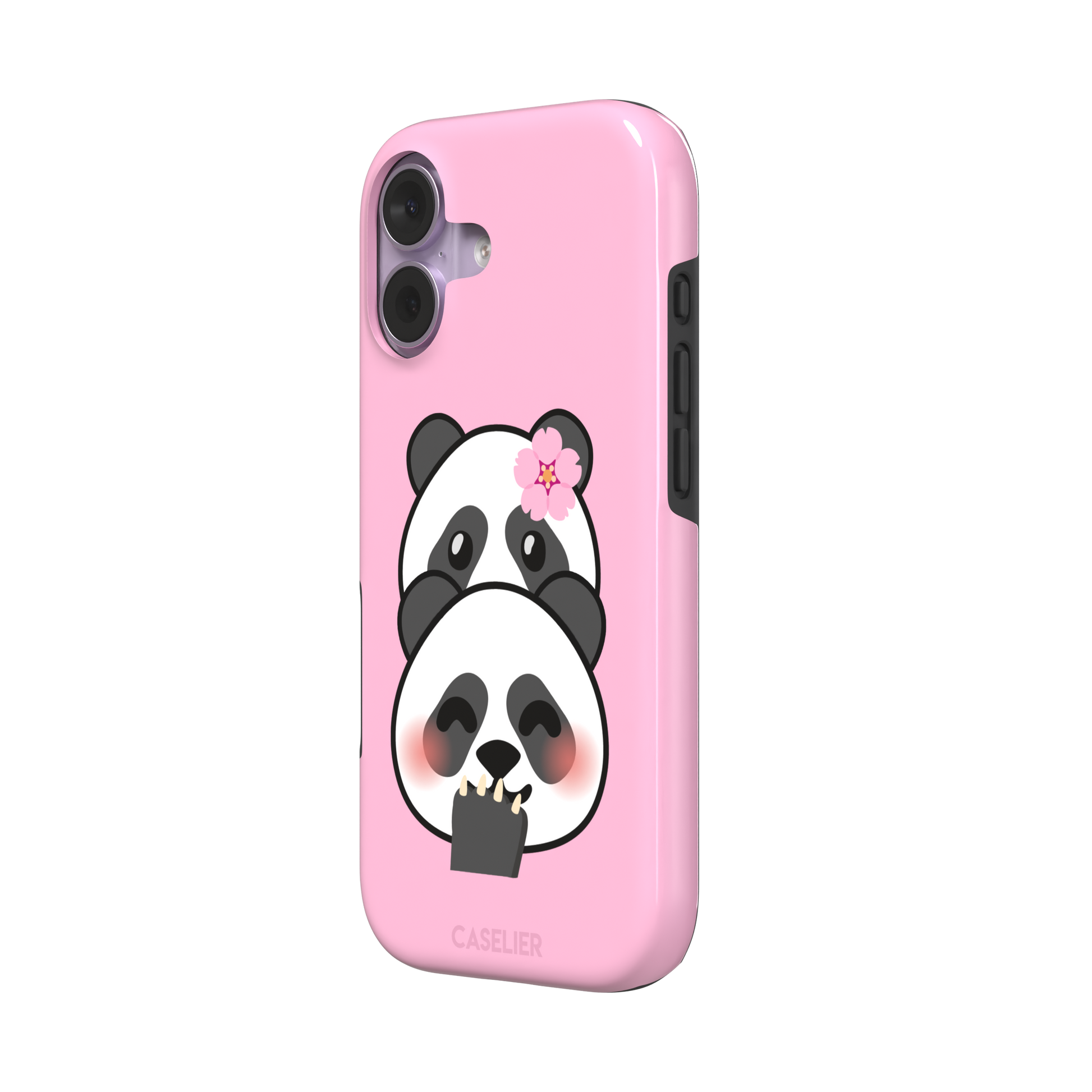 Pink phone case featuring a shy kawaii panda with blushing cheeks, a pink sakura flower, and a paw raised to its mouth, Emoji Mix collection phone case by Caselier — tough case, right view