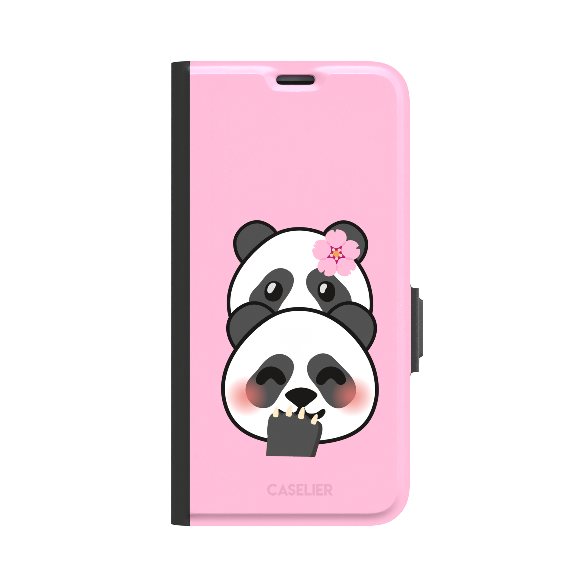 Pink phone case featuring a shy kawaii panda with blushing cheeks, a pink sakura flower, and a paw raised to its mouth, Emoji Mix collection phone case by Caselier — wallet case, front view