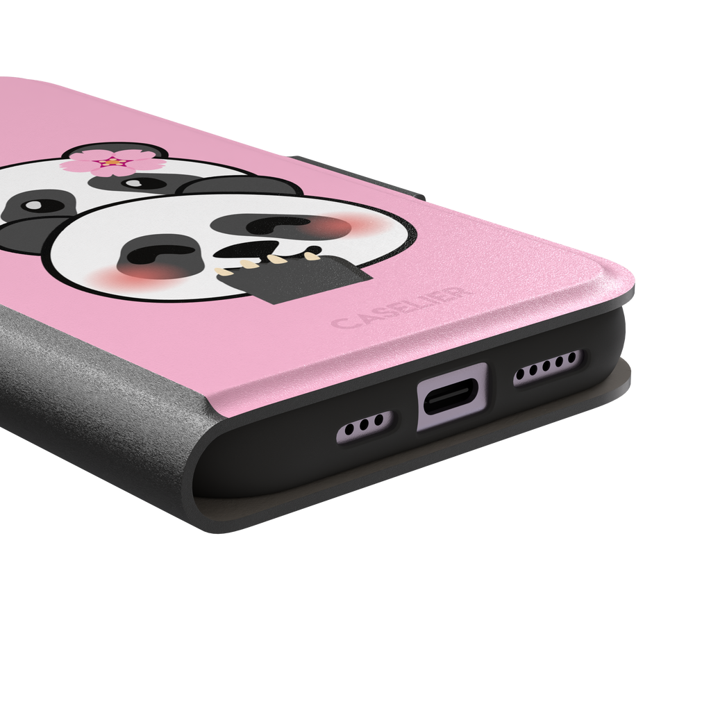 Pink phone case featuring a shy kawaii panda with blushing cheeks, a pink sakura flower, and a paw raised to its mouth, Emoji Mix collection phone case by Caselier — wallet case, charging port detail