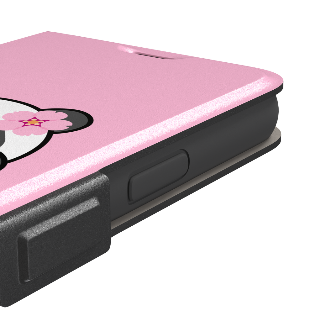 Pink phone case featuring a shy kawaii panda with blushing cheeks, a pink sakura flower, and a paw raised to its mouth, Emoji Mix collection phone case by Caselier — wallet case, volume buttons detail