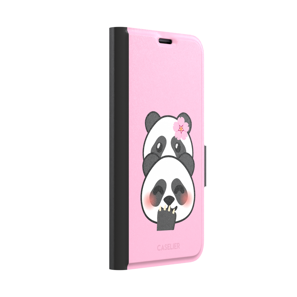 Pink phone case featuring a shy kawaii panda with blushing cheeks, a pink sakura flower, and a paw raised to its mouth, Emoji Mix collection phone case by Caselier — wallet case, left view