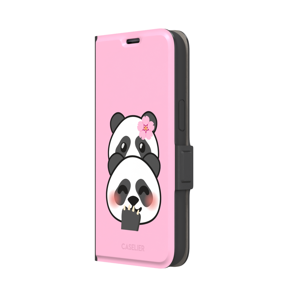 Pink phone case featuring a shy kawaii panda with blushing cheeks, a pink sakura flower, and a paw raised to its mouth, Emoji Mix collection phone case by Caselier — wallet case, right view