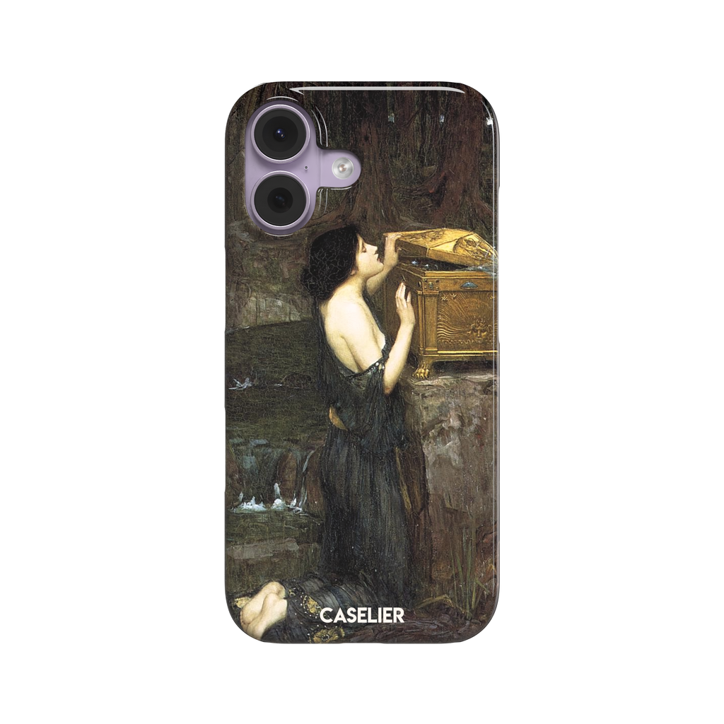 Pandora by John William Waterhouse phone case showing a dark-robed woman opening a golden casket in earthy greens and browns, Pre-Raphaelite oil painting style, phone case by Caselier — snap case, front view