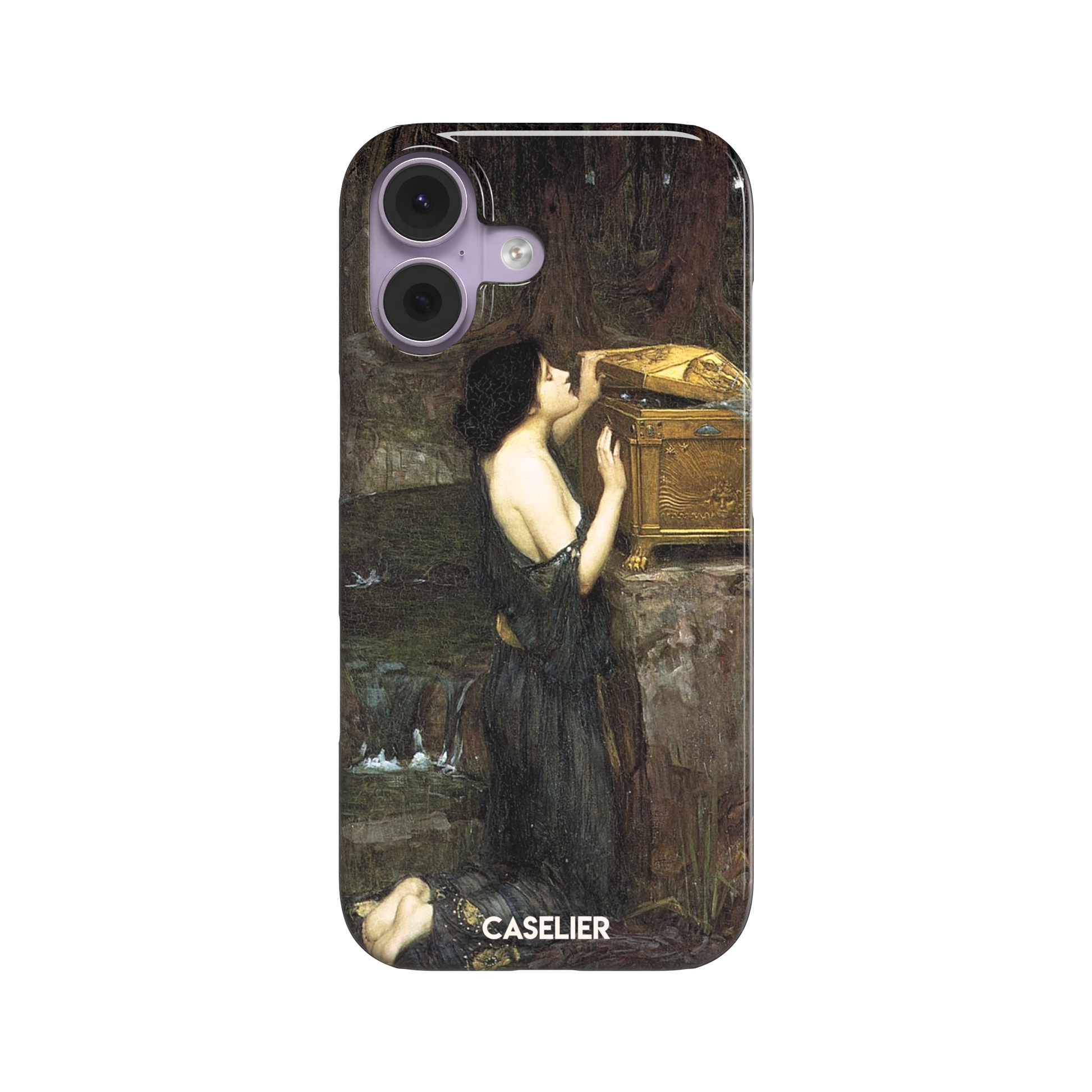 Pandora by John William Waterhouse phone case showing a dark-robed woman opening a golden casket in earthy greens and browns, Pre-Raphaelite oil painting style, phone case by Caselier — snap case, front view