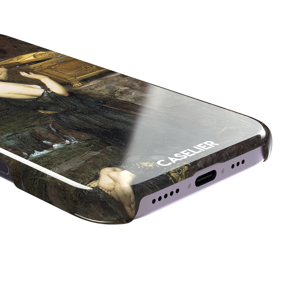 Pandora by John William Waterhouse phone case showing a dark-robed woman opening a golden casket in earthy greens and browns, Pre-Raphaelite oil painting style, phone case by Caselier — snap case, charging port detail