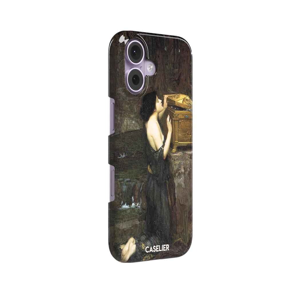 Pandora by John William Waterhouse phone case showing a dark-robed woman opening a golden casket in earthy greens and browns, Pre-Raphaelite oil painting style, phone case by Caselier — snap case, left view