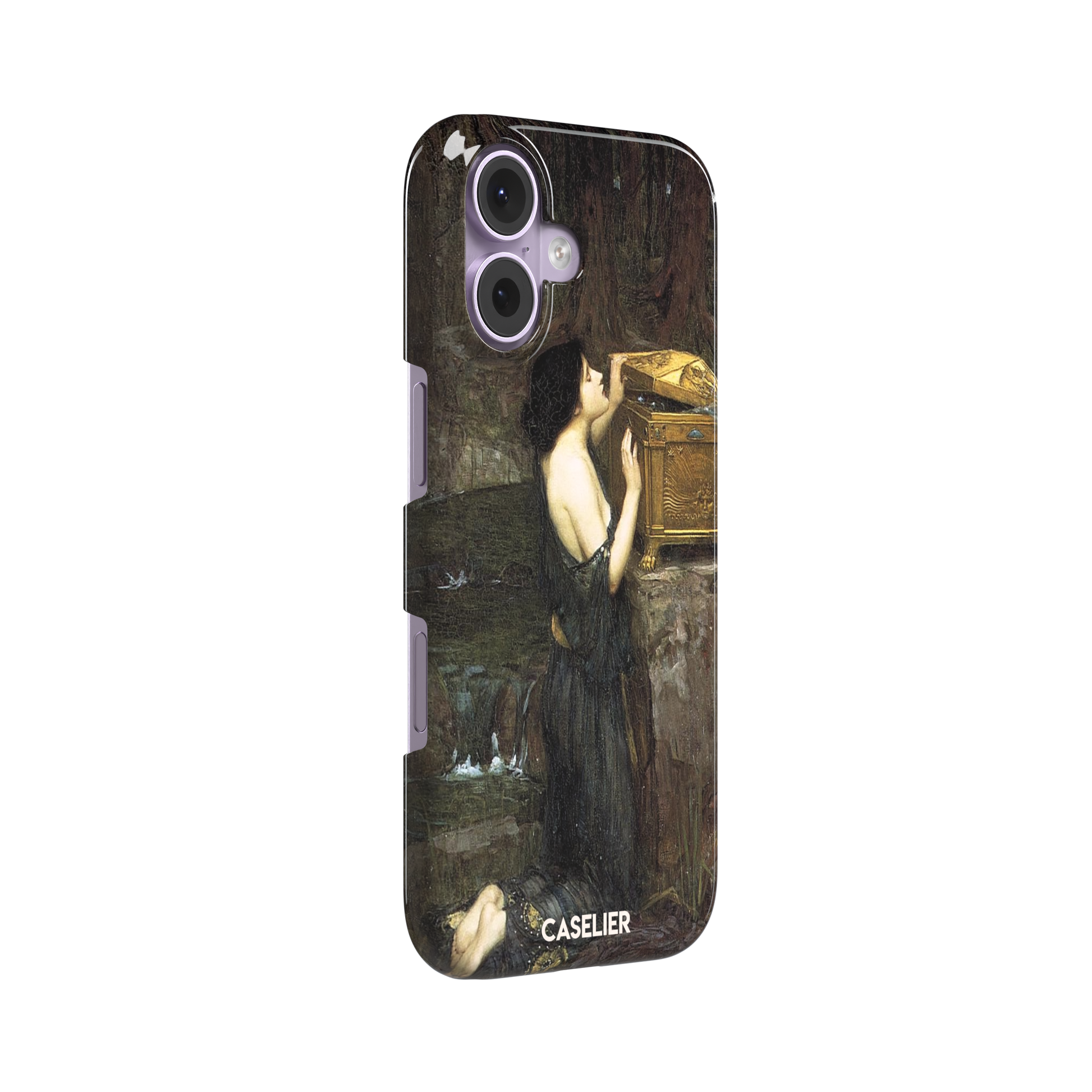 Pandora by John William Waterhouse phone case showing a dark-robed woman opening a golden casket in earthy greens and browns, Pre-Raphaelite oil painting style, phone case by Caselier — snap case, left view