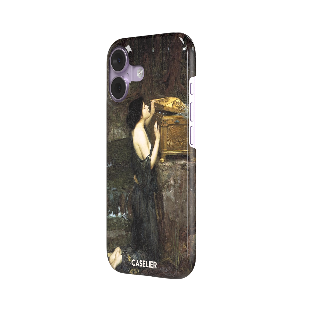 Pandora by John William Waterhouse phone case showing a dark-robed woman opening a golden casket in earthy greens and browns, Pre-Raphaelite oil painting style, phone case by Caselier — snap case, right view