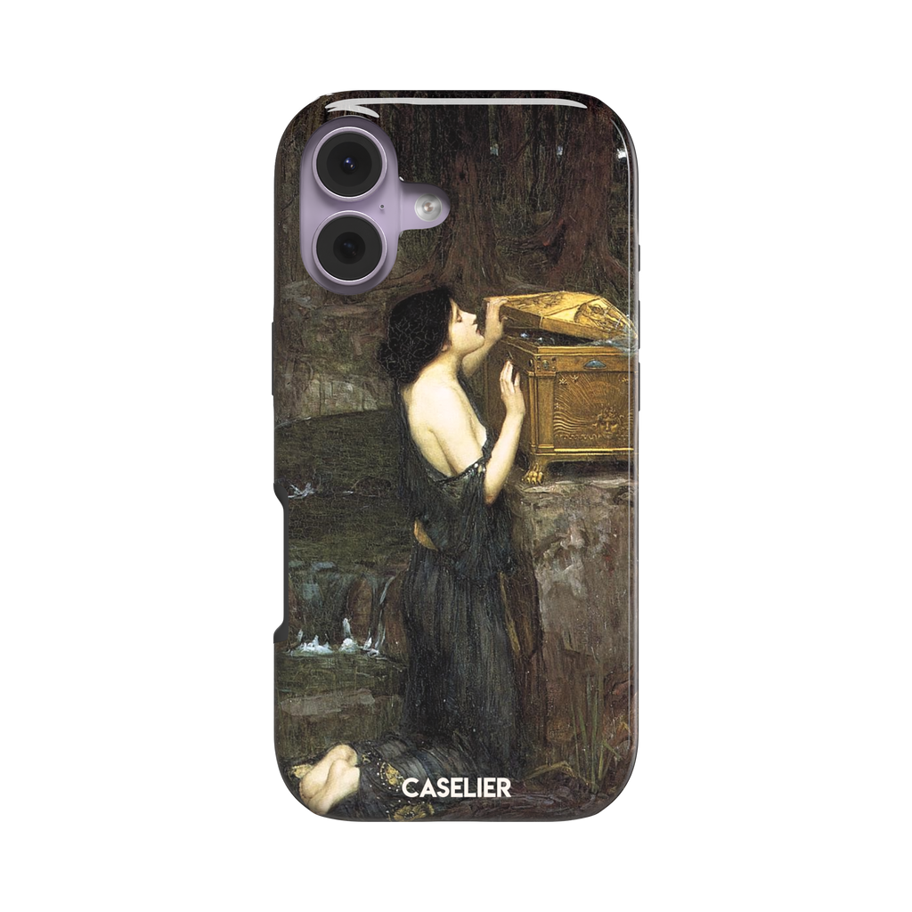 Pandora by John William Waterhouse phone case showing a dark-robed woman opening a golden casket in earthy greens and browns, Pre-Raphaelite oil painting style, phone case by Caselier — tough case, front view