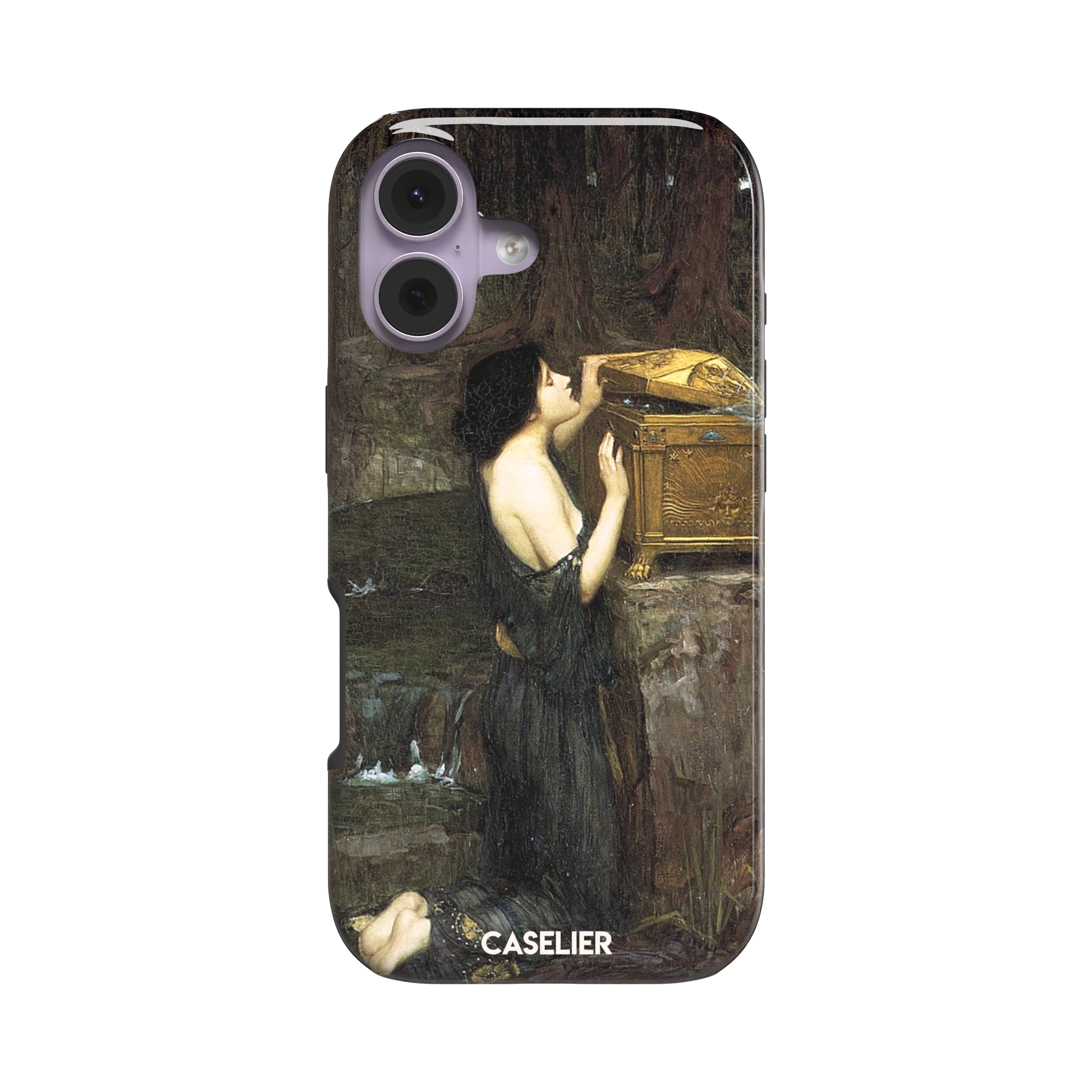 Pandora by John William Waterhouse phone case showing a dark-robed woman opening a golden casket in earthy greens and browns, Pre-Raphaelite oil painting style, phone case by Caselier — tough case, front view