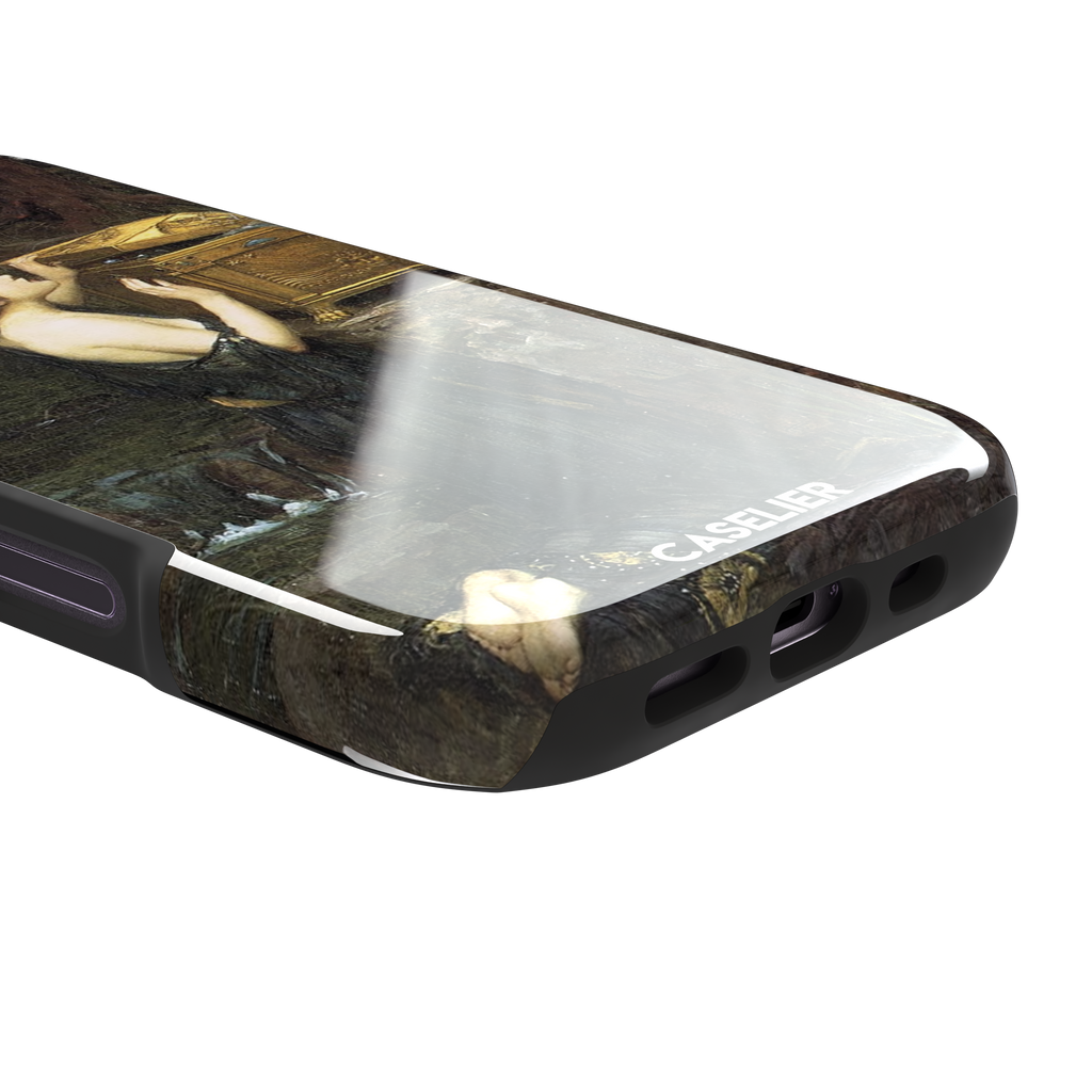 Pandora by John William Waterhouse phone case showing a dark-robed woman opening a golden casket in earthy greens and browns, Pre-Raphaelite oil painting style, phone case by Caselier — tough case, charging port detail