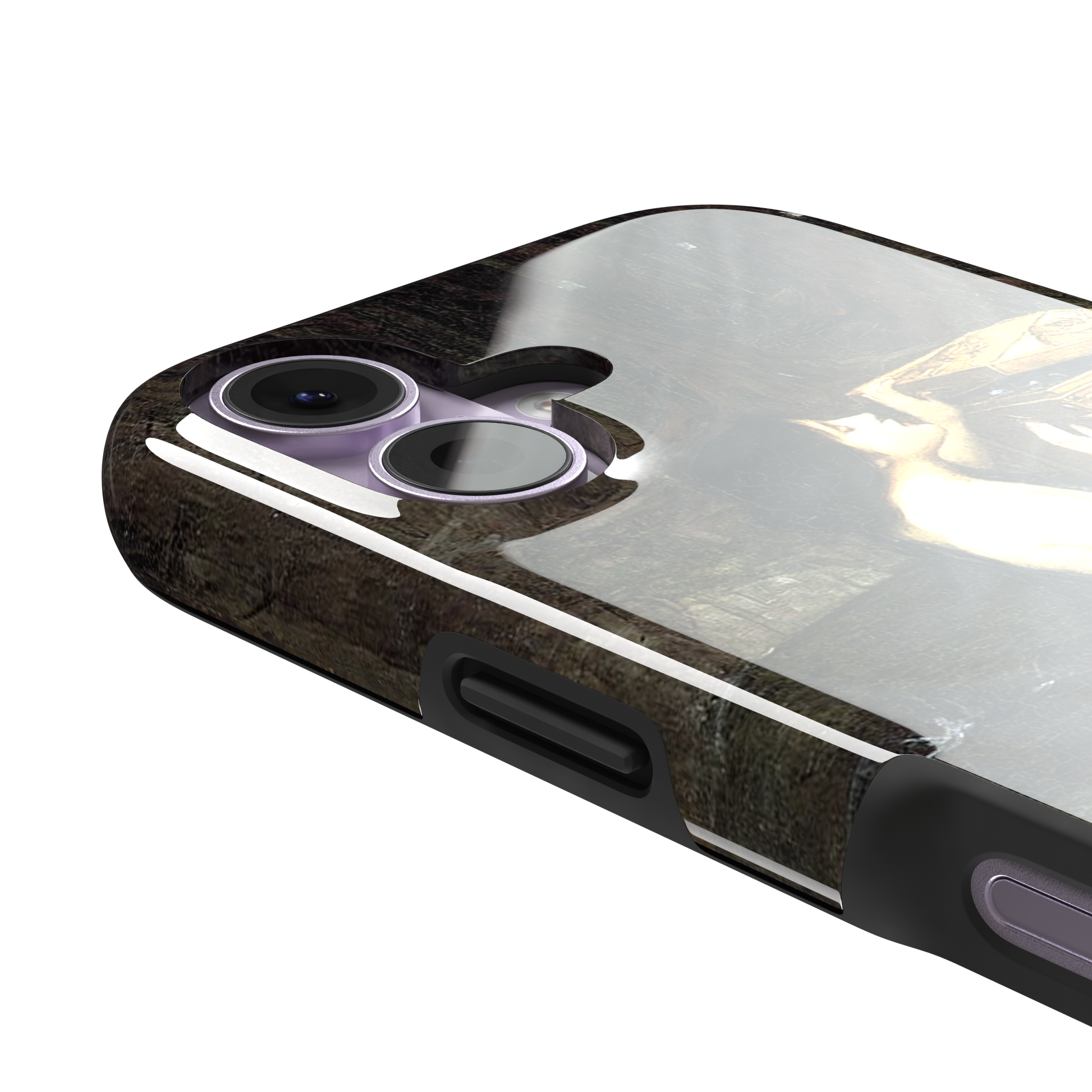 Pandora by John William Waterhouse phone case showing a dark-robed woman opening a golden casket in earthy greens and browns, Pre-Raphaelite oil painting style, phone case by Caselier — tough case, volume buttons detail