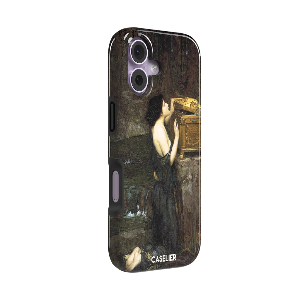 Pandora by John William Waterhouse phone case showing a dark-robed woman opening a golden casket in earthy greens and browns, Pre-Raphaelite oil painting style, phone case by Caselier — tough case, left view