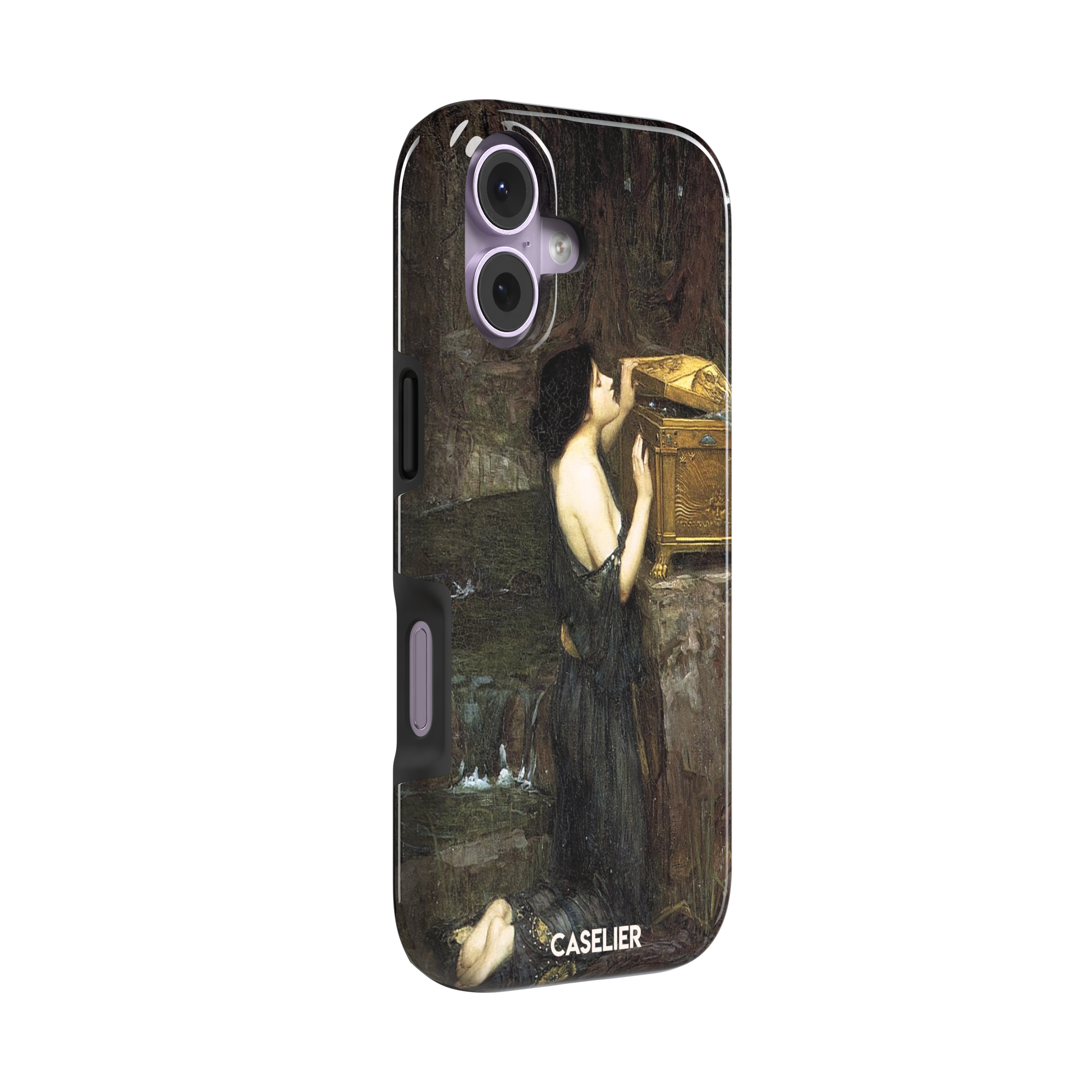 Pandora by John William Waterhouse phone case showing a dark-robed woman opening a golden casket in earthy greens and browns, Pre-Raphaelite oil painting style, phone case by Caselier — tough case, left view