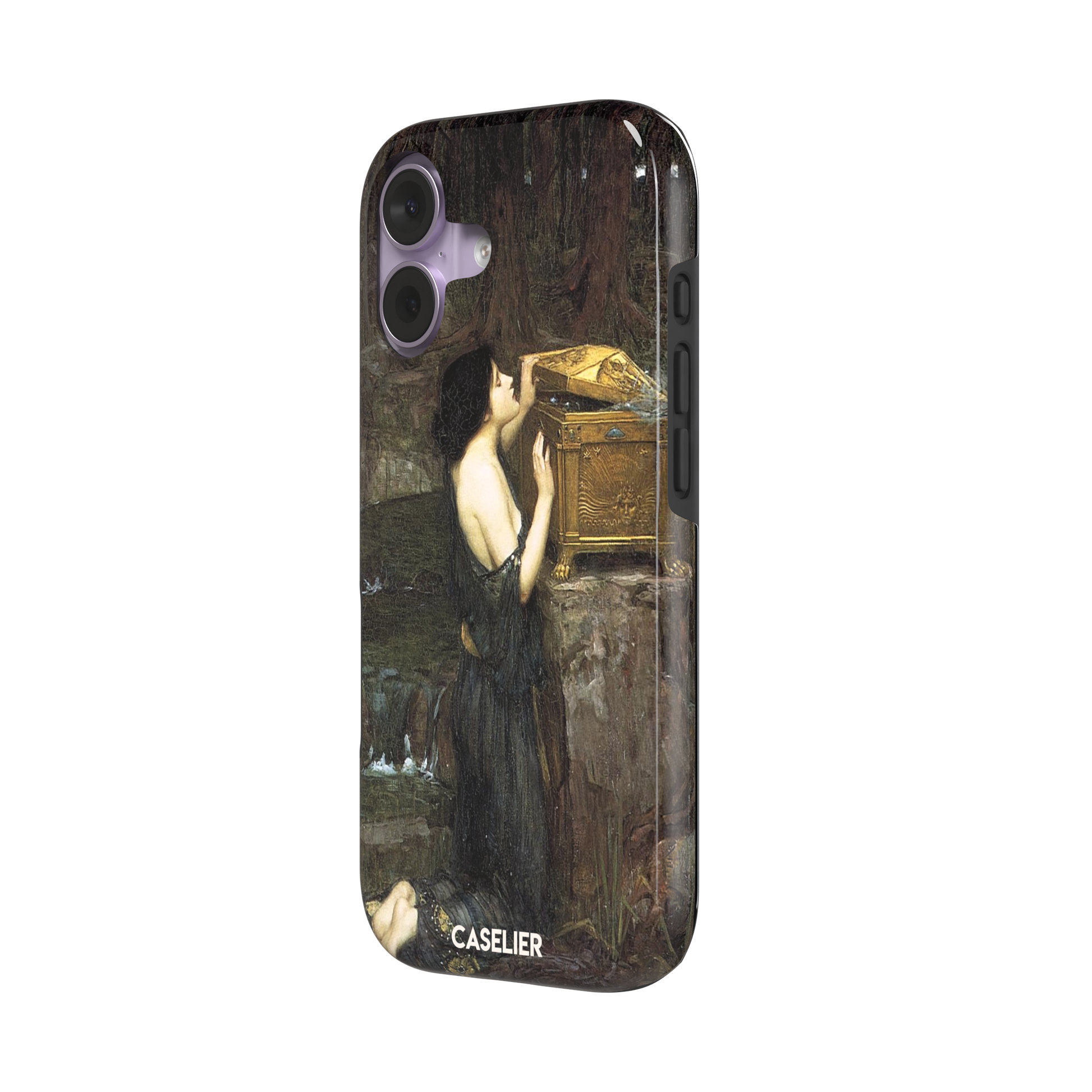Pandora by John William Waterhouse phone case showing a dark-robed woman opening a golden casket in earthy greens and browns, Pre-Raphaelite oil painting style, phone case by Caselier — tough case, right view