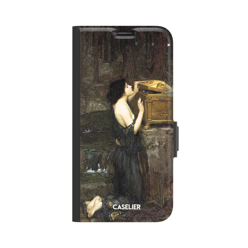 Pandora by John William Waterhouse phone case showing a dark-robed woman opening a golden casket in earthy greens and browns, Pre-Raphaelite oil painting style, phone case by Caselier — wallet case, front view