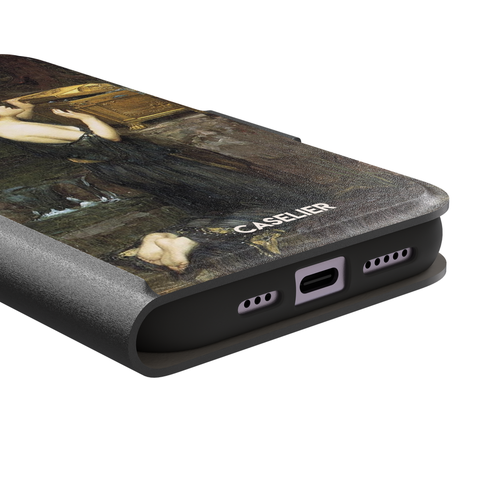 Pandora by John William Waterhouse phone case showing a dark-robed woman opening a golden casket in earthy greens and browns, Pre-Raphaelite oil painting style, phone case by Caselier — wallet case, charging port detail