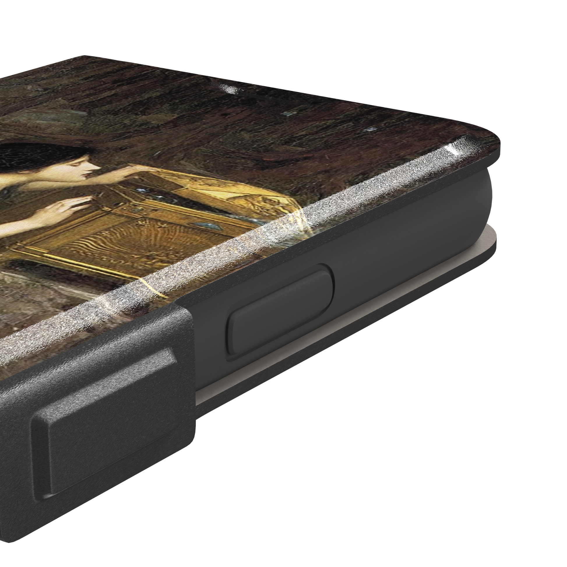 Pandora by John William Waterhouse phone case showing a dark-robed woman opening a golden casket in earthy greens and browns, Pre-Raphaelite oil painting style, phone case by Caselier — wallet case, volume buttons detail