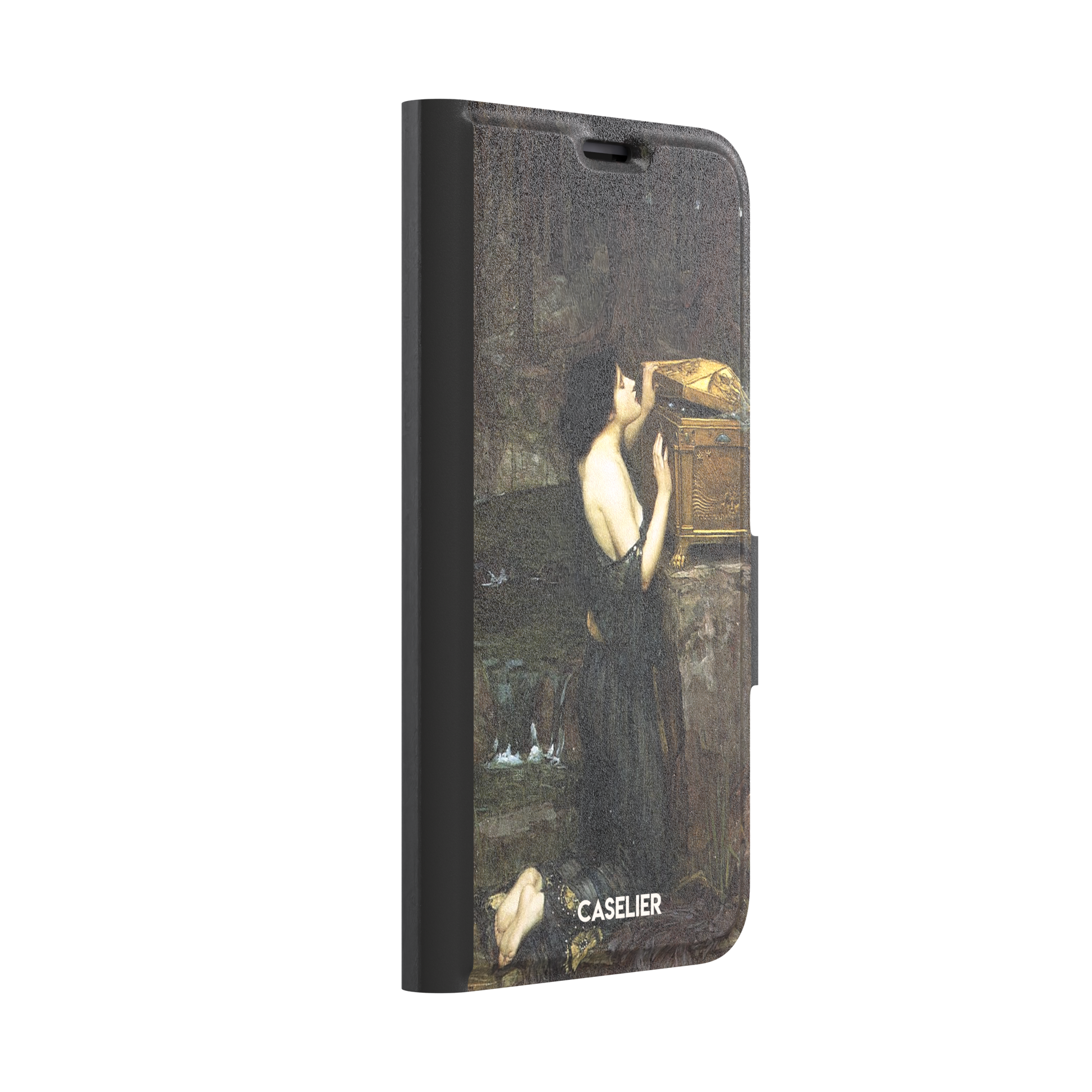 Pandora by John William Waterhouse phone case showing a dark-robed woman opening a golden casket in earthy greens and browns, Pre-Raphaelite oil painting style, phone case by Caselier — wallet case, left view